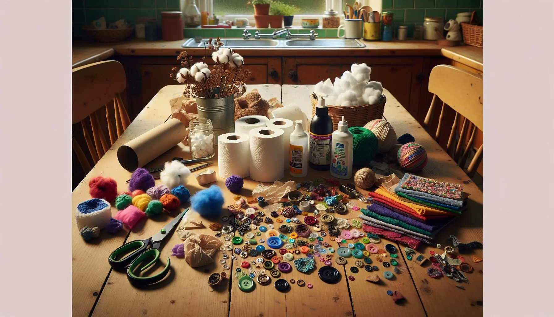 Generate an image of craft materials: empty paper rolls, colorful fabric scraps, cotton balls, buttons, and glue on a wooden table.