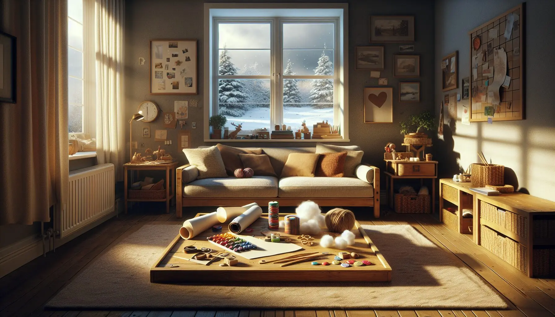 Generate an image of a cozy living room with snow outside and art supplies like paper rolls, cotton balls, and buttons on a table.