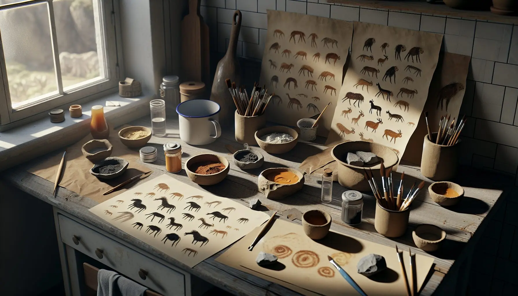 Generate an image of scattered art supplies with whimsical art pieces.