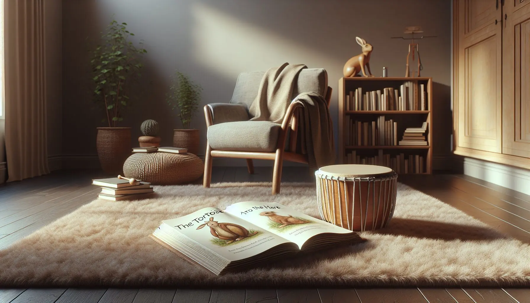 Generate an image of a cozy reading nook with a small drum and a book titled 'The Tortoise and the Hare.'