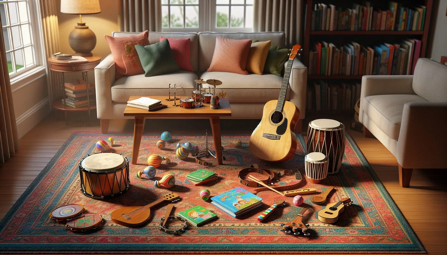 Generate an image of a family room with a variety of musical instruments, colorful rugs, and storybooks.