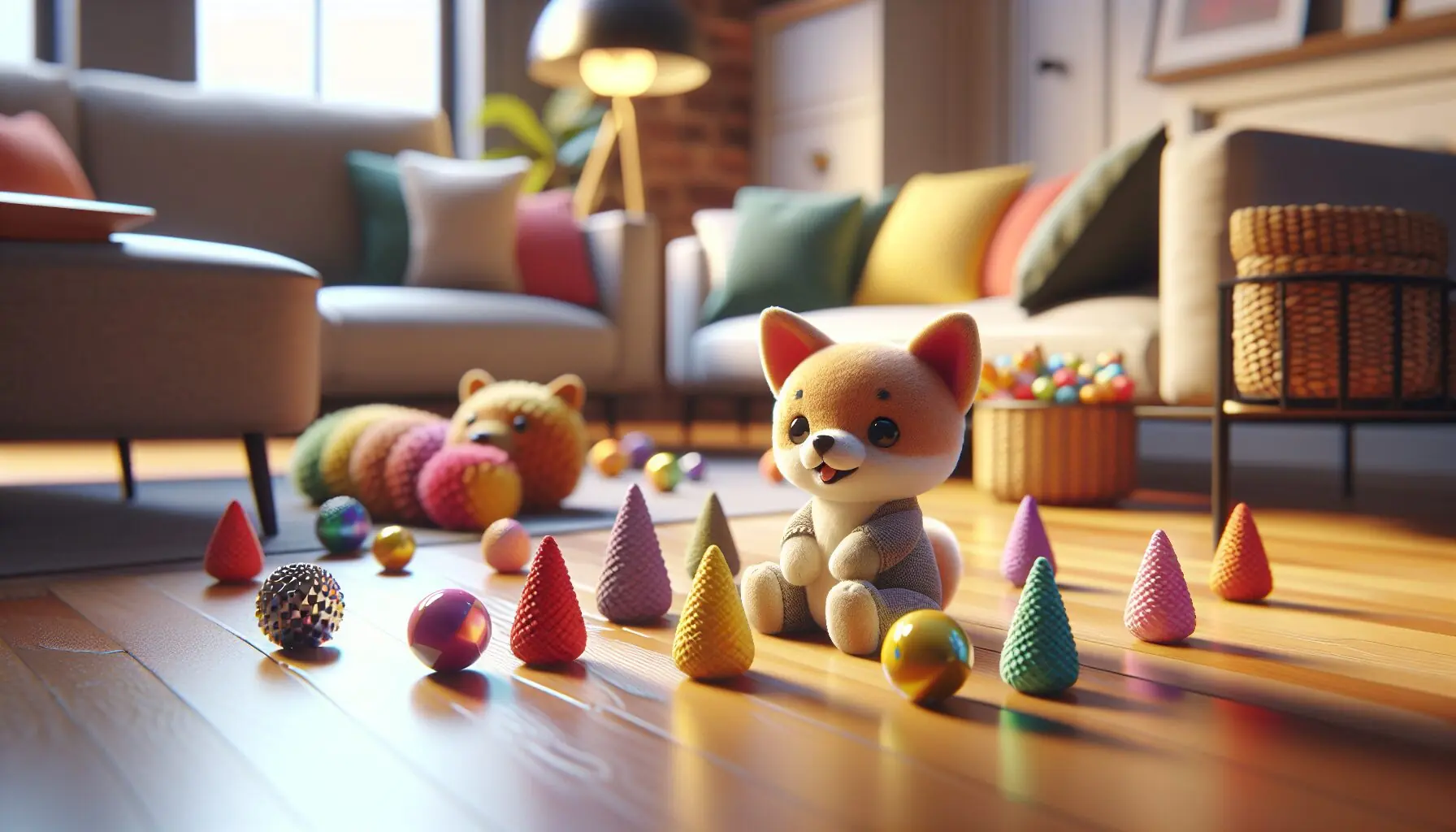 Generate an image depicting a small plush toy and a set of colorful cones on a hardwood floor.