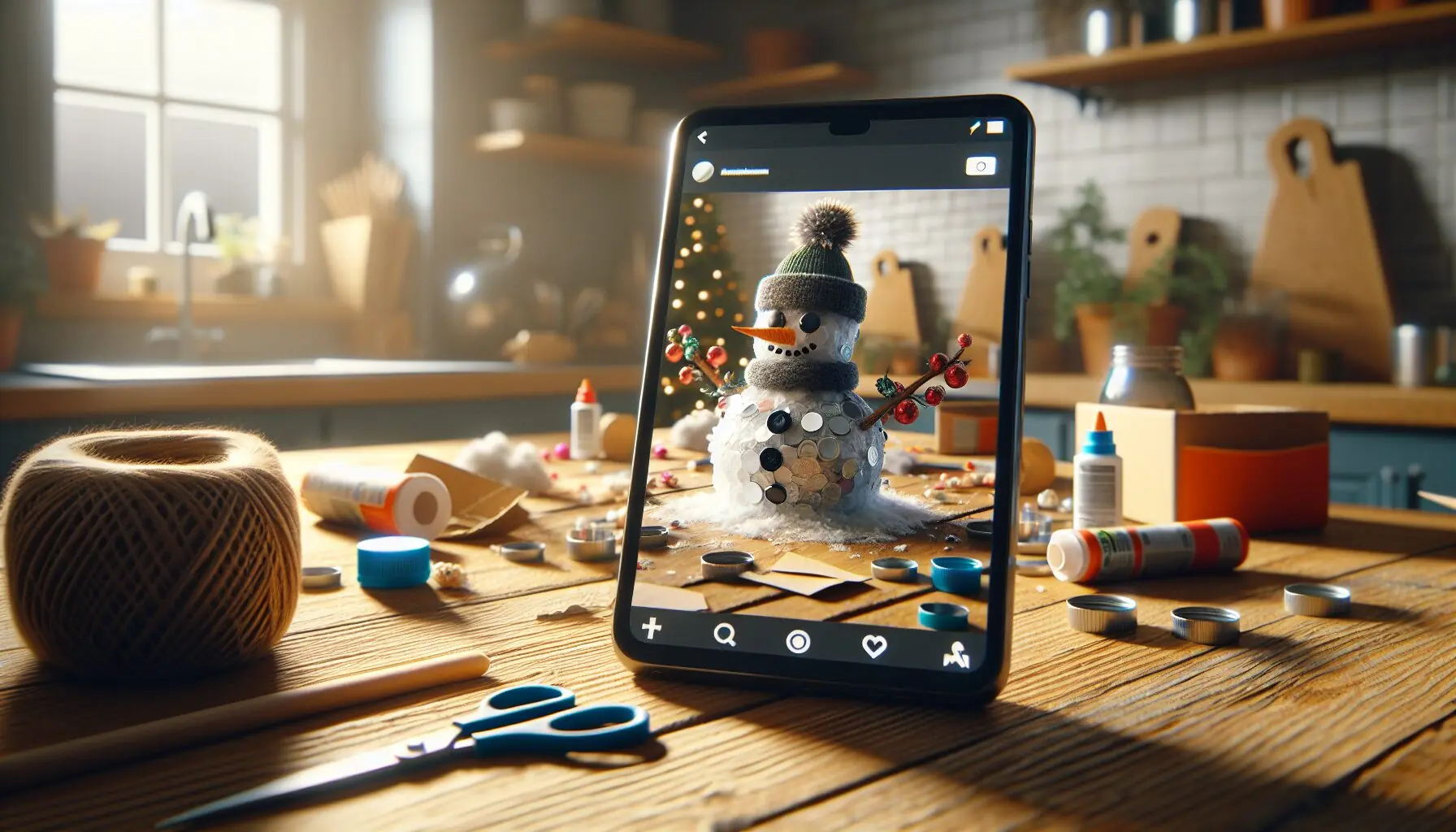 Generate an image of a phone screen displaying a social media post featuring a creative recycled snow creature with crafting details.