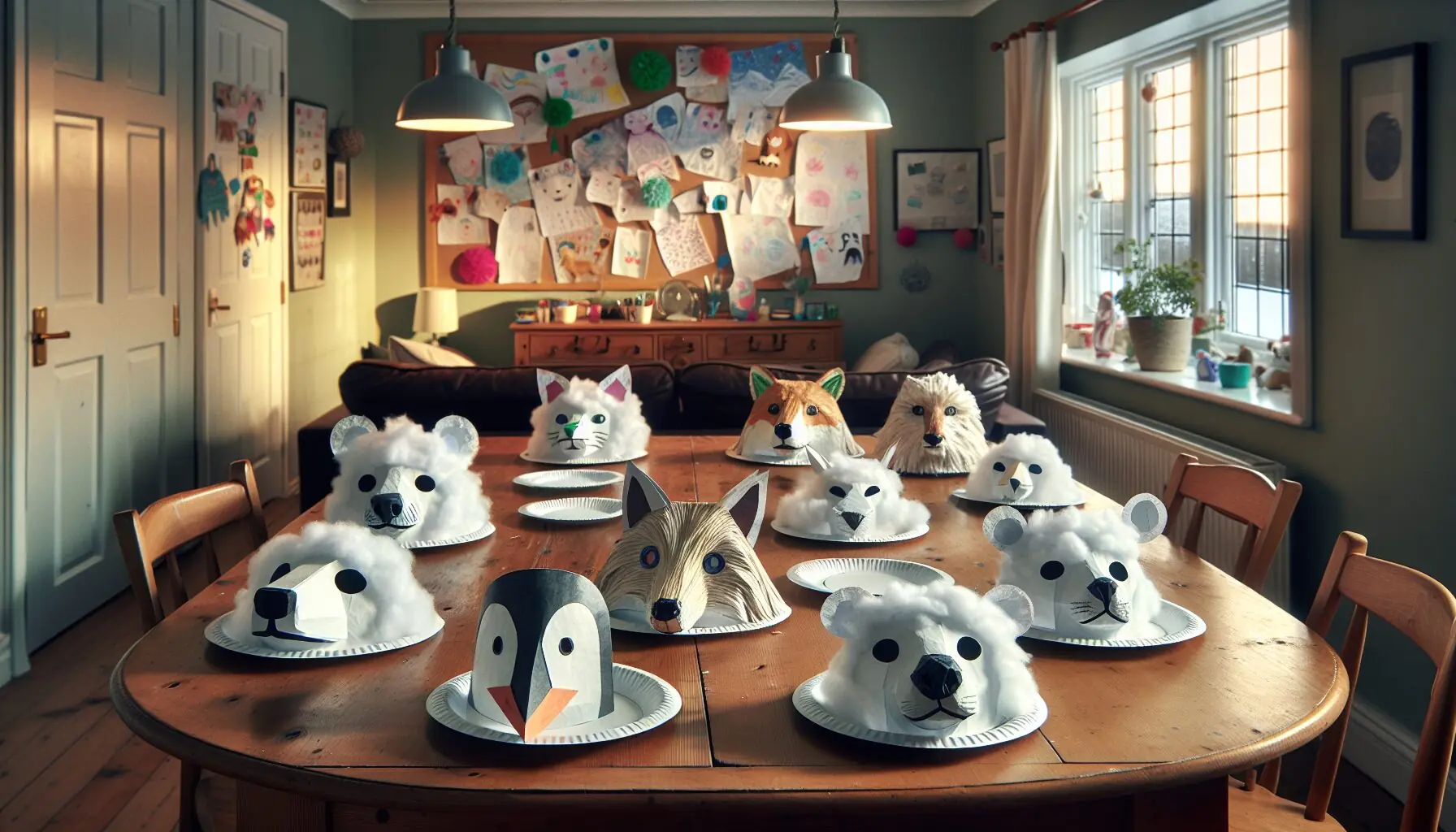 Illustrate an image of different Arctic animal masks being displayed together in a cozy room setting, showcasing collaborative creativity.
