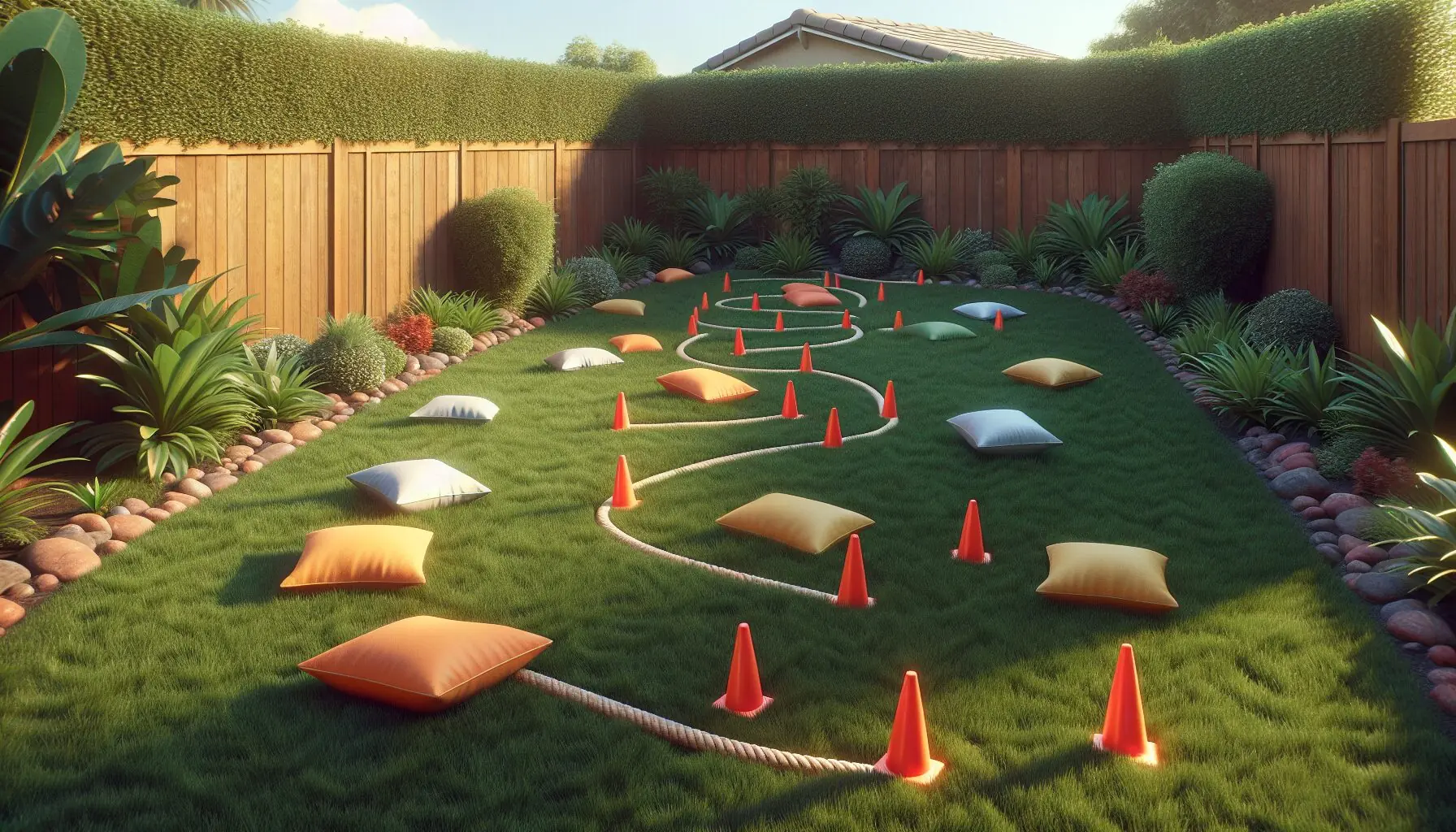 Generate an image of a colorful course setup with cones and pillows on a grassy field.
