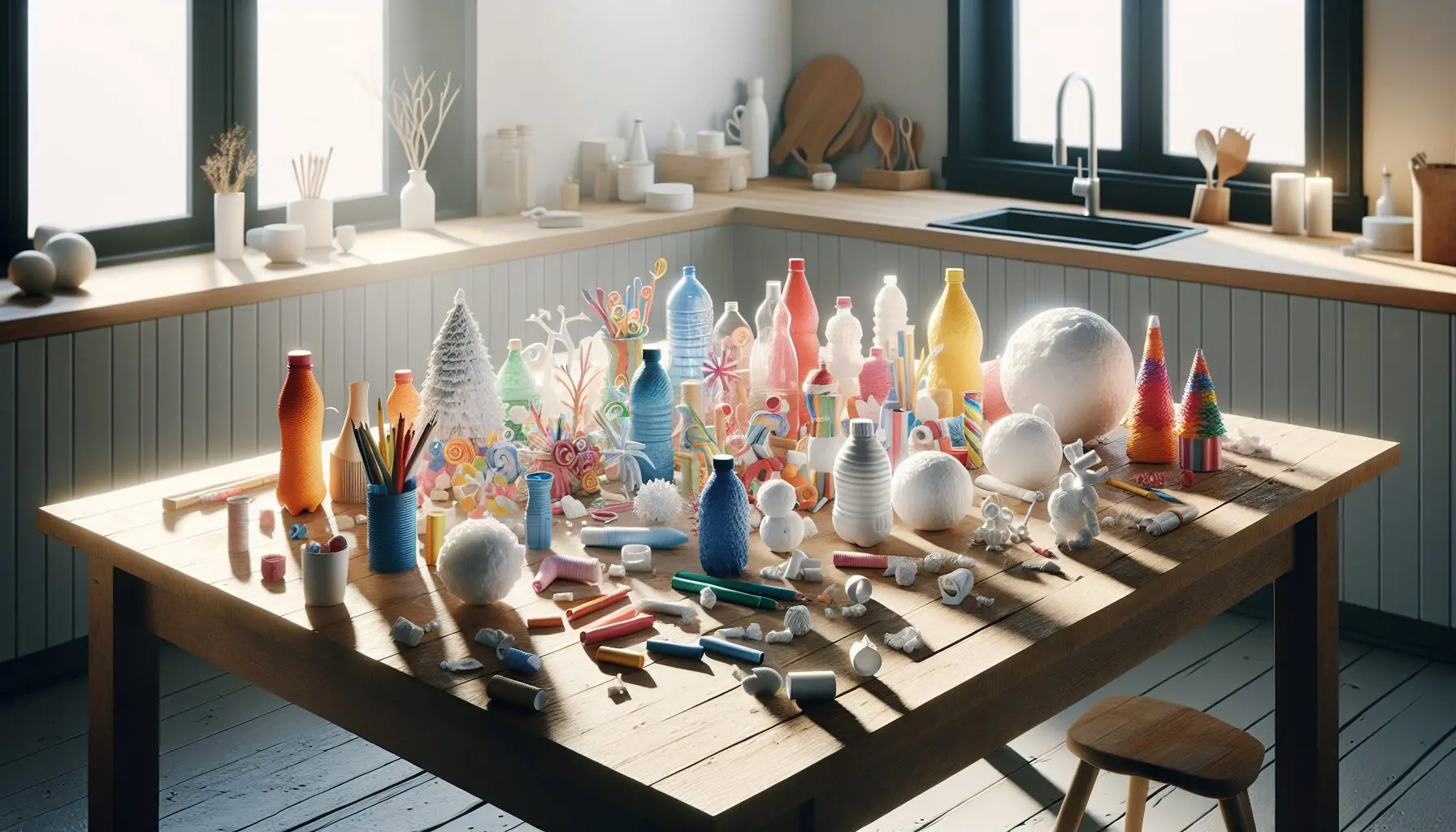 Generate an image of a diverse range of colorful, completed snow sculptures made from recycled materials against a simple background.