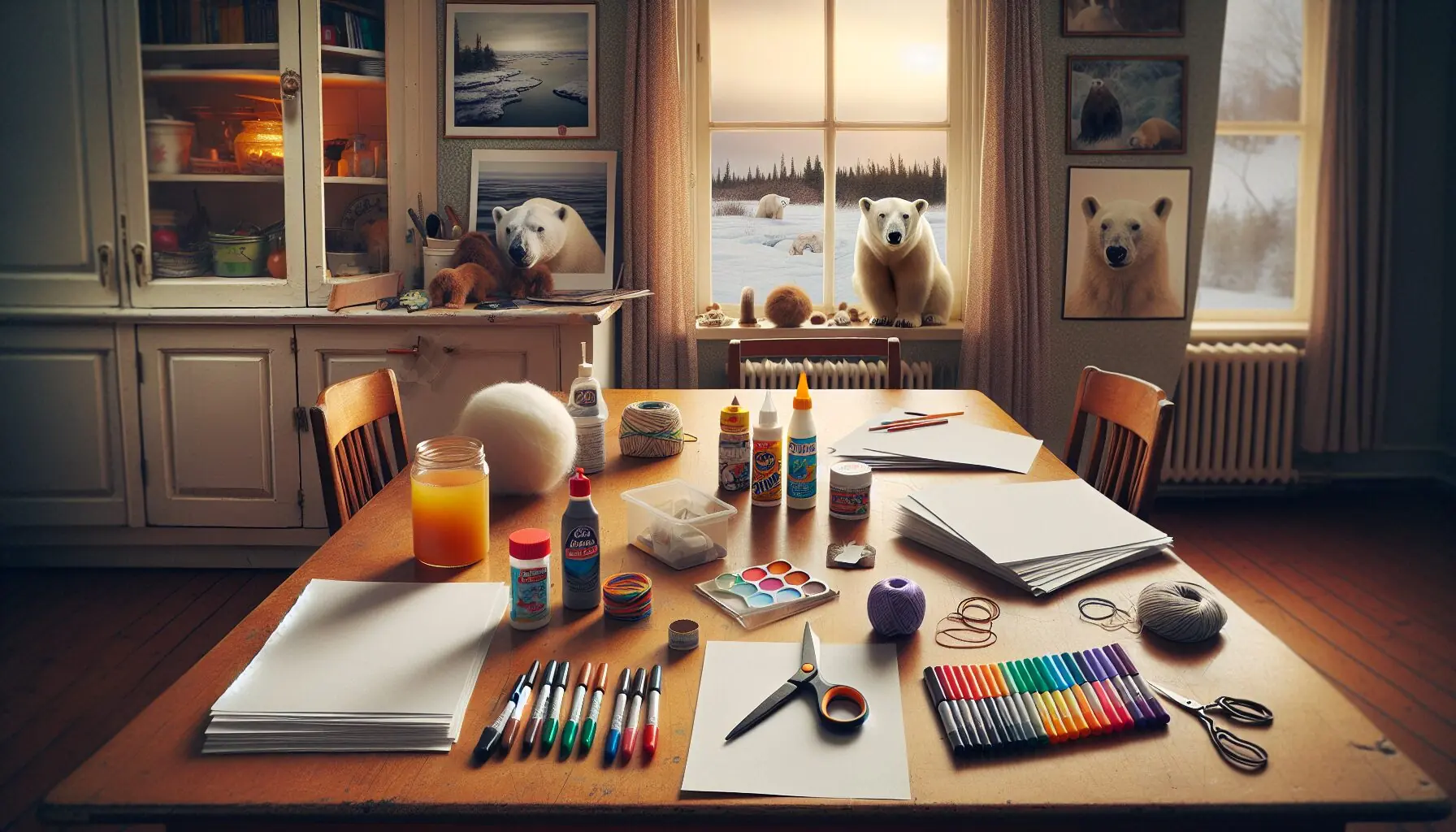 Create an image of colorful art supplies laid out next to artfully crafted animal masks resembling polar bears and seals.