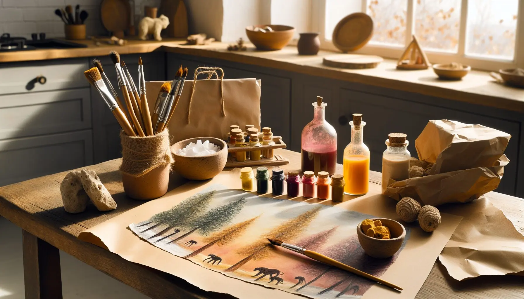 Generate an image of abstract cave paintings with vivid winter scenes.