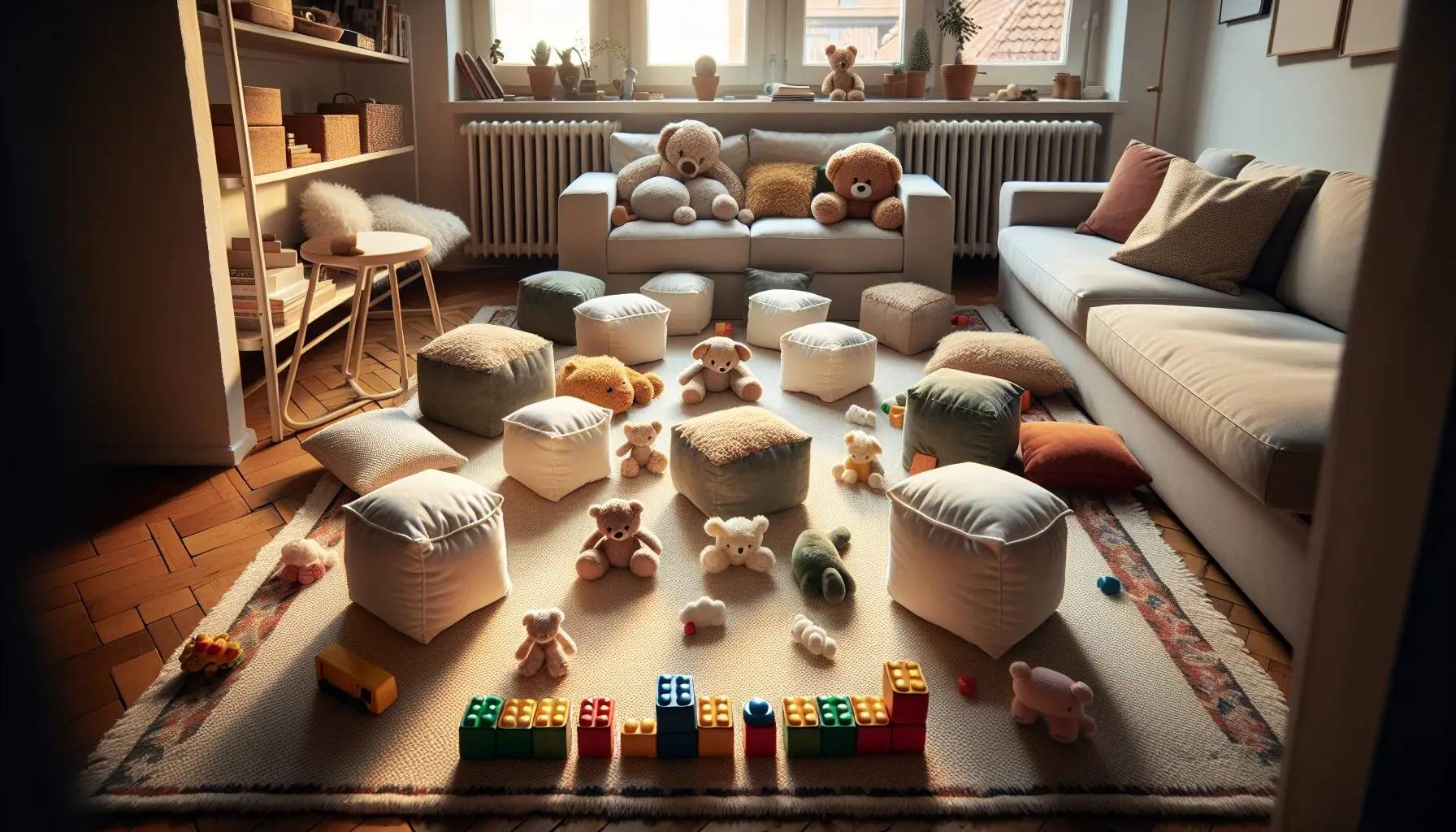 Generate an image of a path lined with soft cushions and toy landmarks, suggesting fun obstacles.