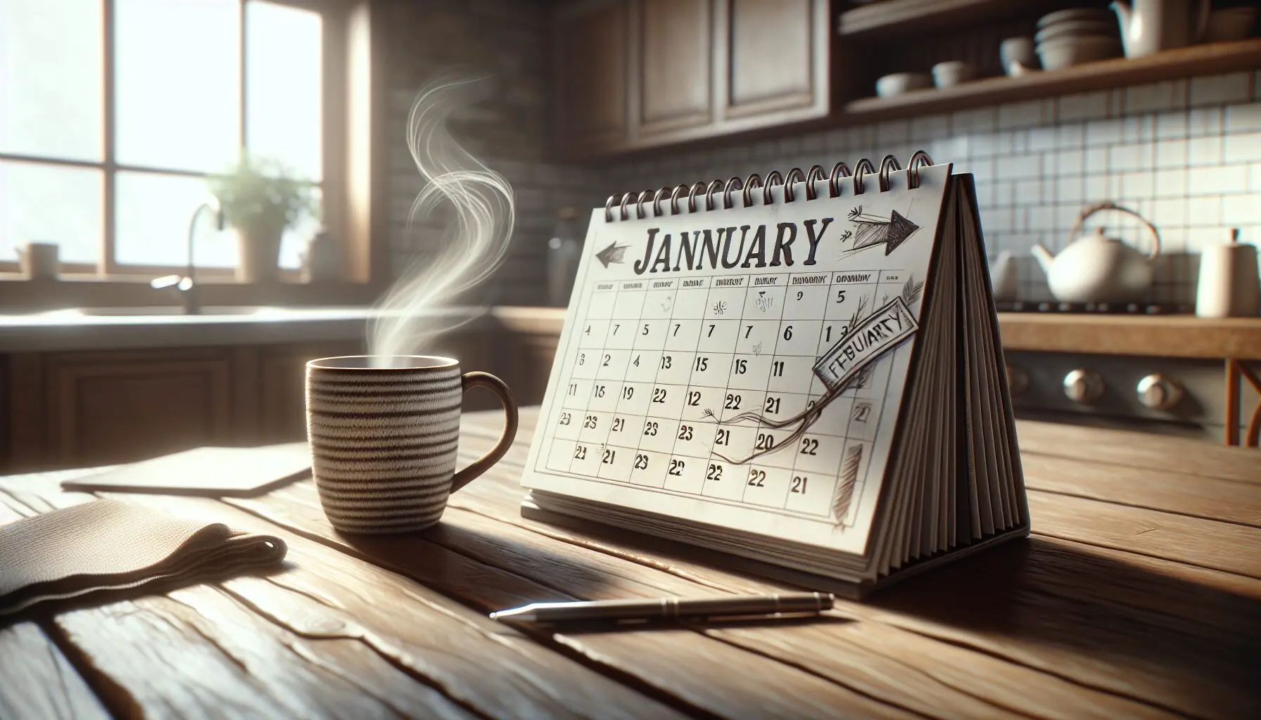 Generate an image of a calendar opened to January with playful arrow doodles leading to a February page.