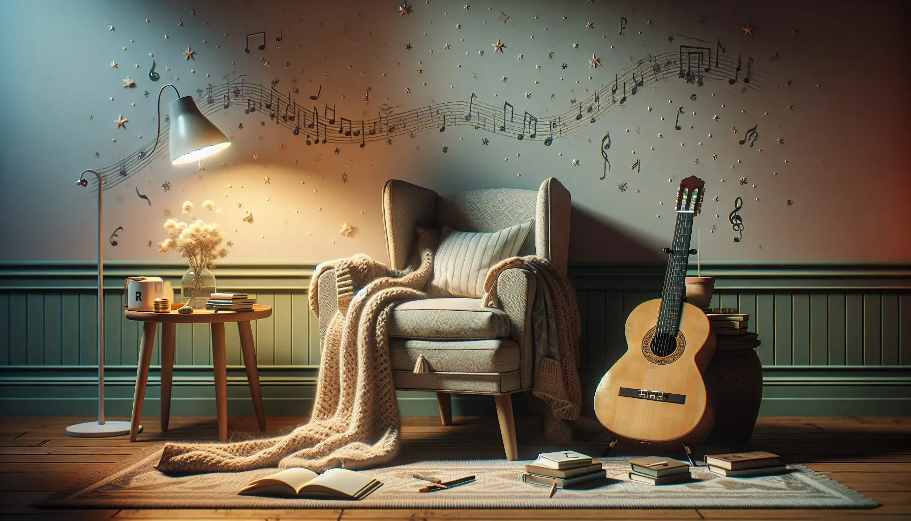 Generate an image of a cozy nook with musical notes and stars in the background.