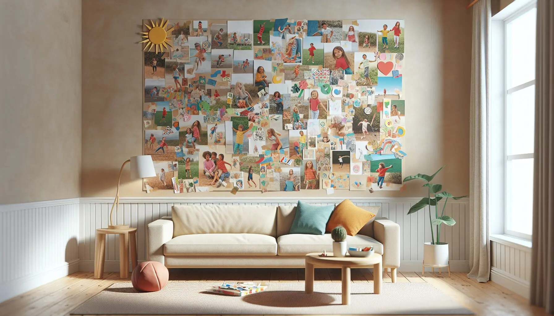 Generate an image of a completed collage on a wall displaying vibrant images and happy doodles.