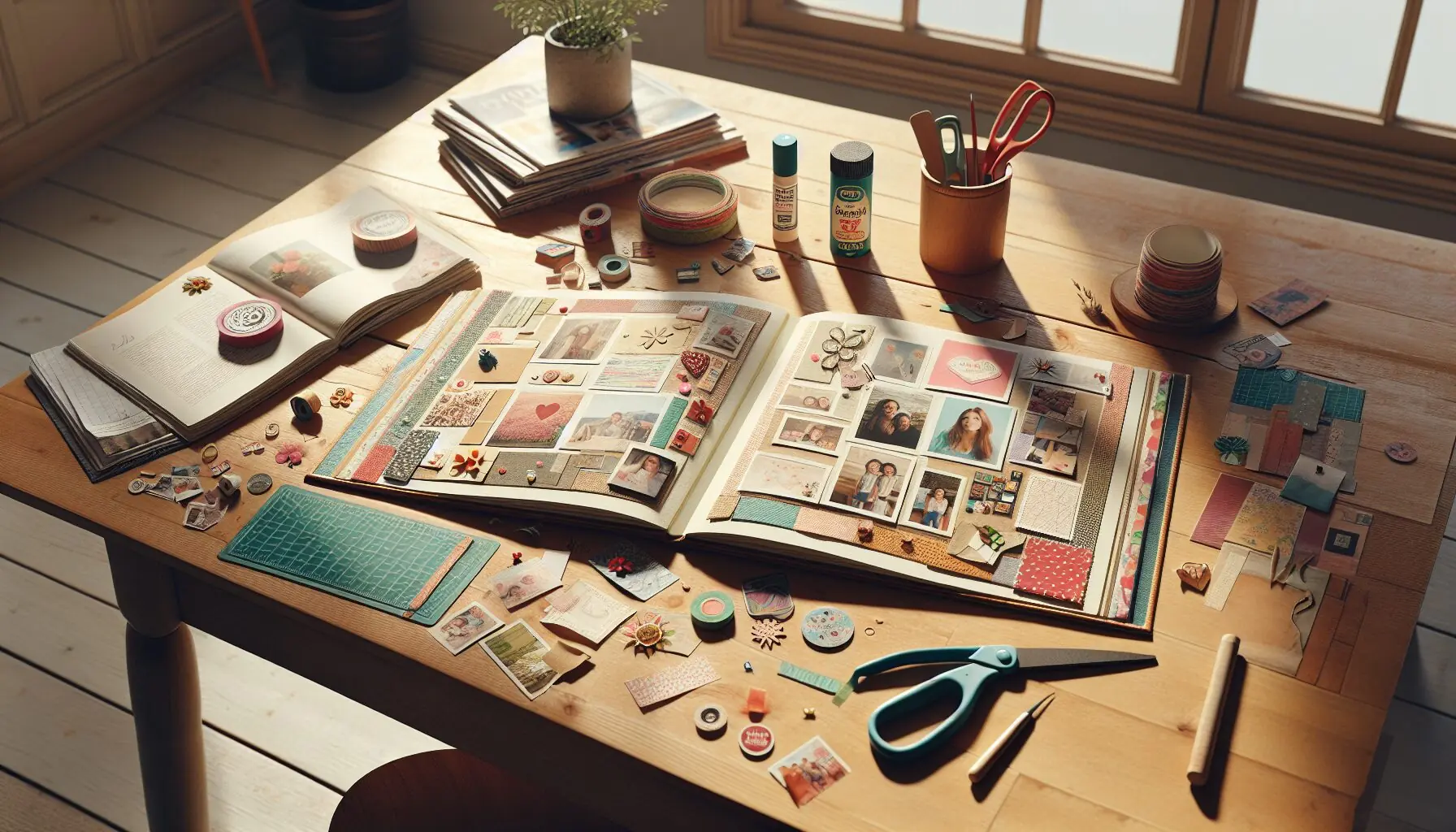 Generate an image of a colorful scrapbook with magazine clippings and family photos scattered around.