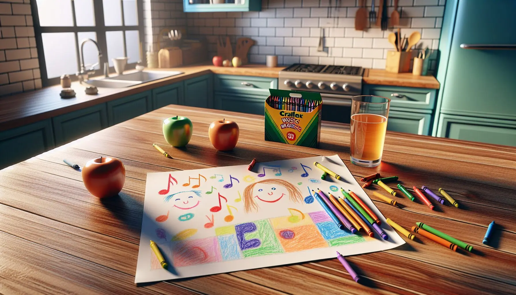 Generate an image of a child's drawing of music notes and happy faces, symbolizing growth.