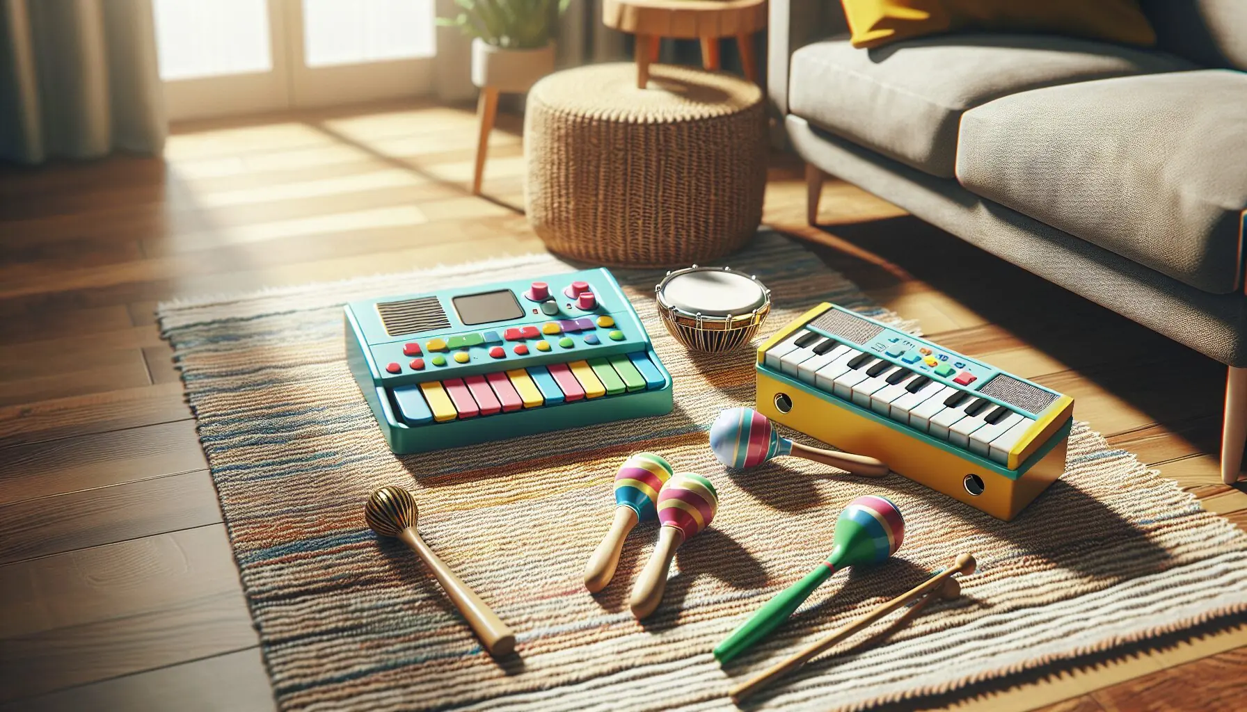 Generate an image of colorful musical instruments like a mini keyboard and maracas arranged on a woven rug.
