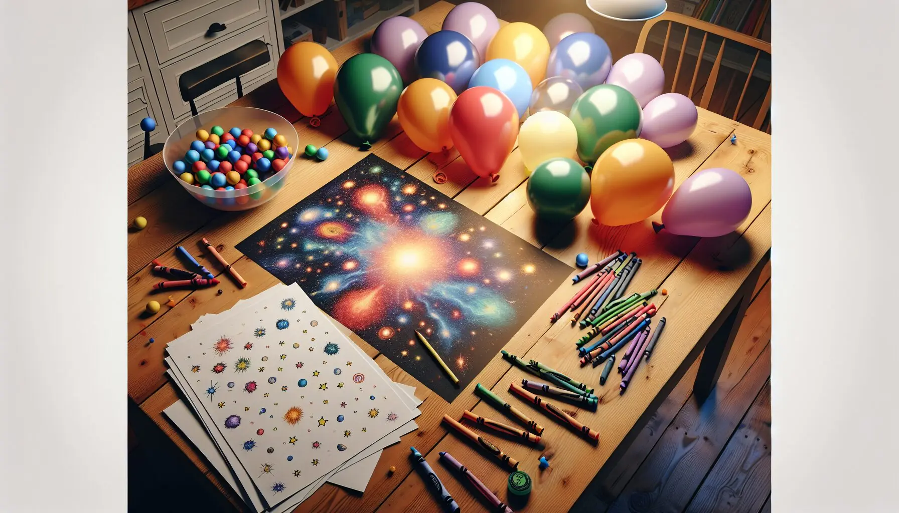 Depict a cosmic-themed drawing showing a child's gleeful expression while engaged in the balloon experiment.