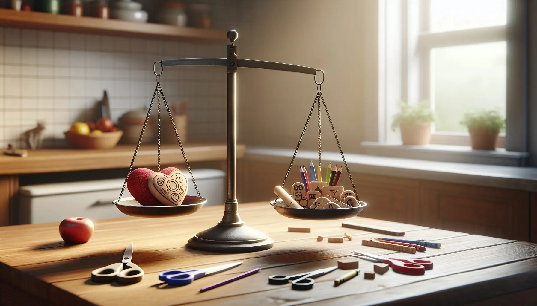 Generate an image of a cheerful scale balancing heart shapes and friendship symbols on one side, art materials like crayons and scissors on the other.