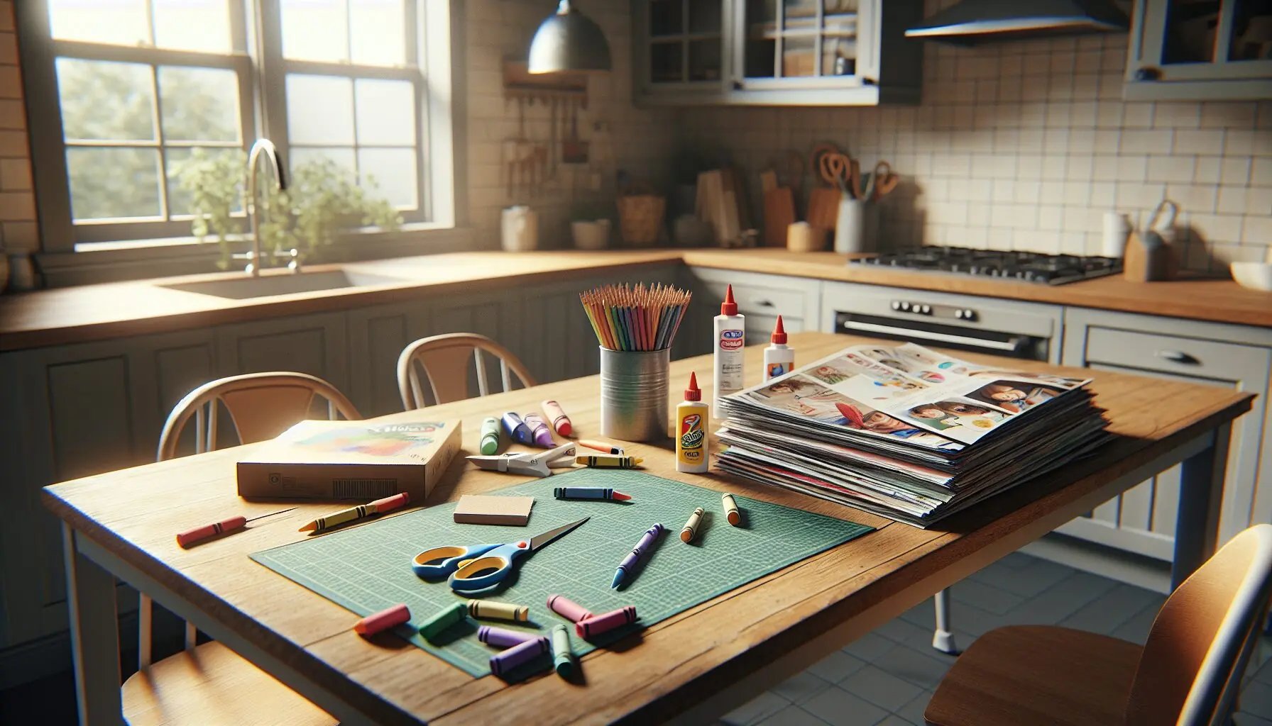 Generate an image of a craft table with scattered magazines, safety scissors, glue, cardboard, and bright crayons.