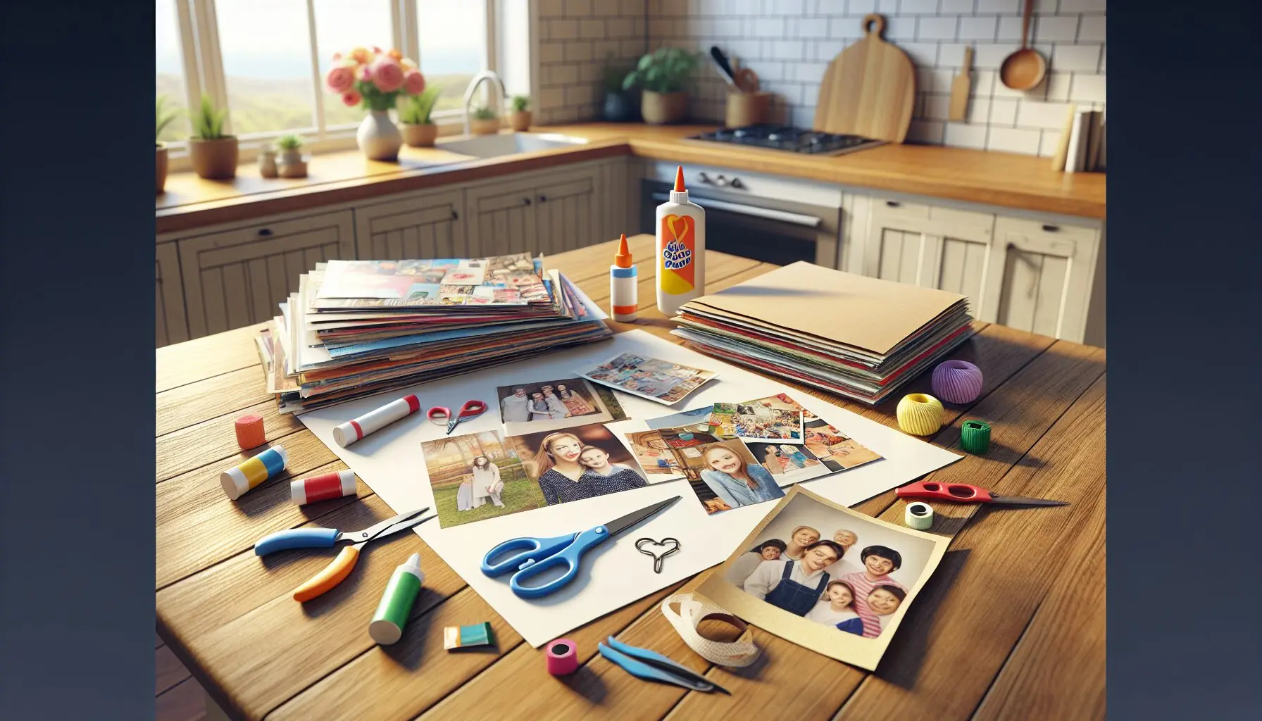 Generate an image of craft materials like scissors, glue, colorful magazines, and a large paper sheet.