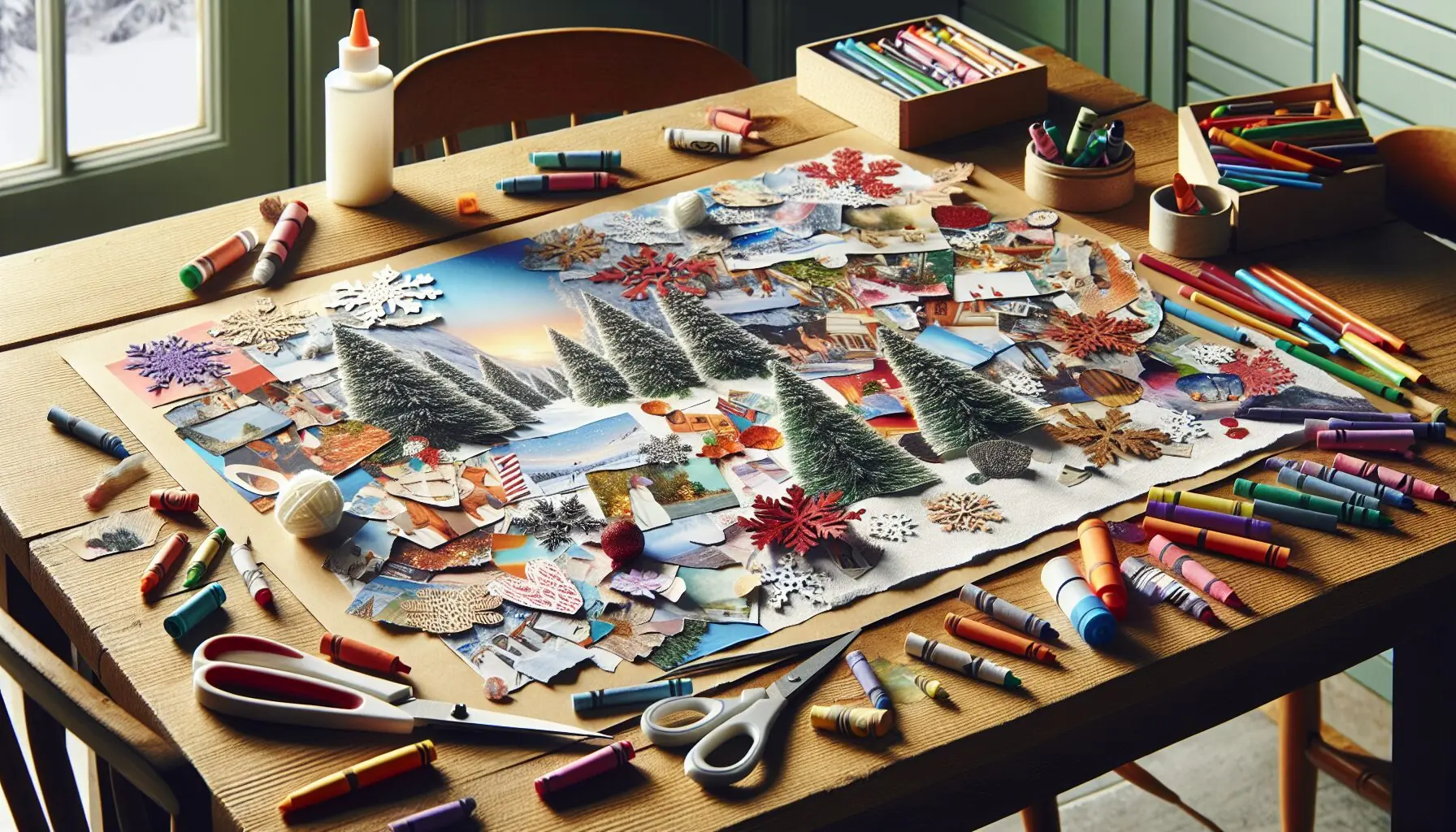 Generate an image of a craft station with scissors, glue, and assorted colorful paper scraps.