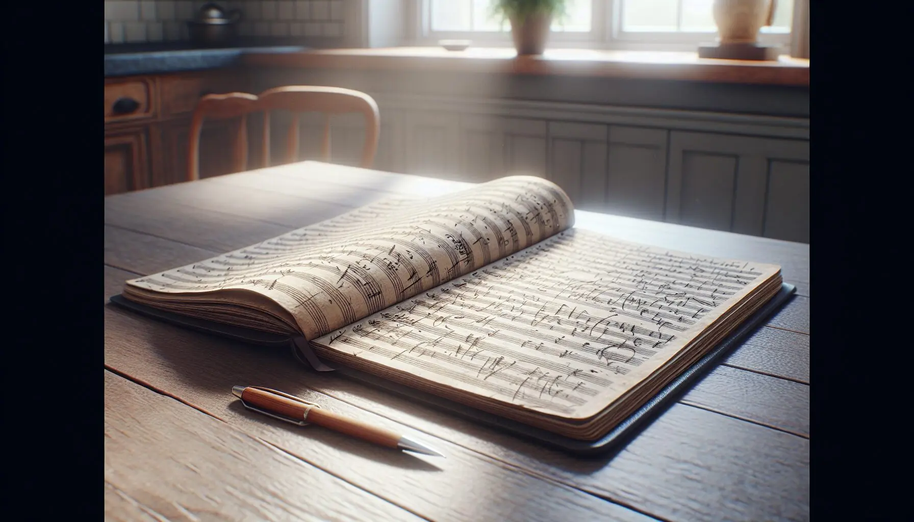 Generate an image of a handwritten journal, open with musical notes sketched on the pages.