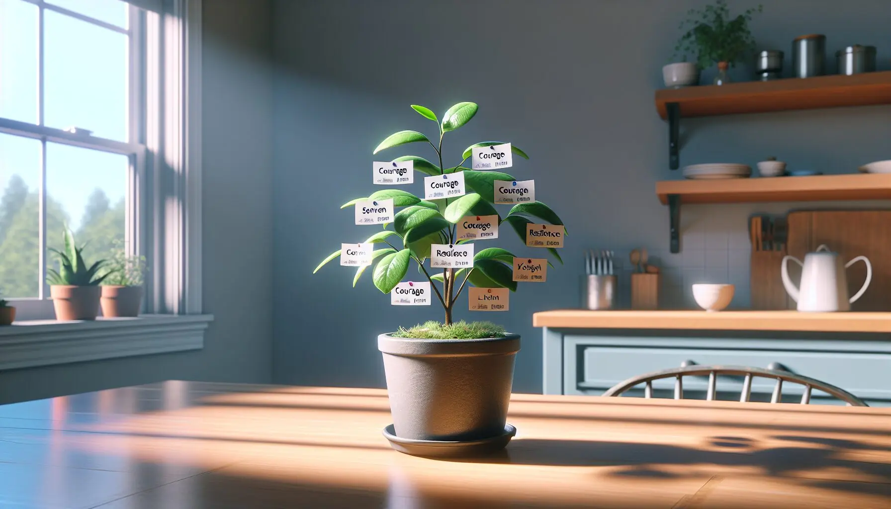 Generate an image of a growing plant metaphorically showing development labeled with keywords like Courage and Resilience.