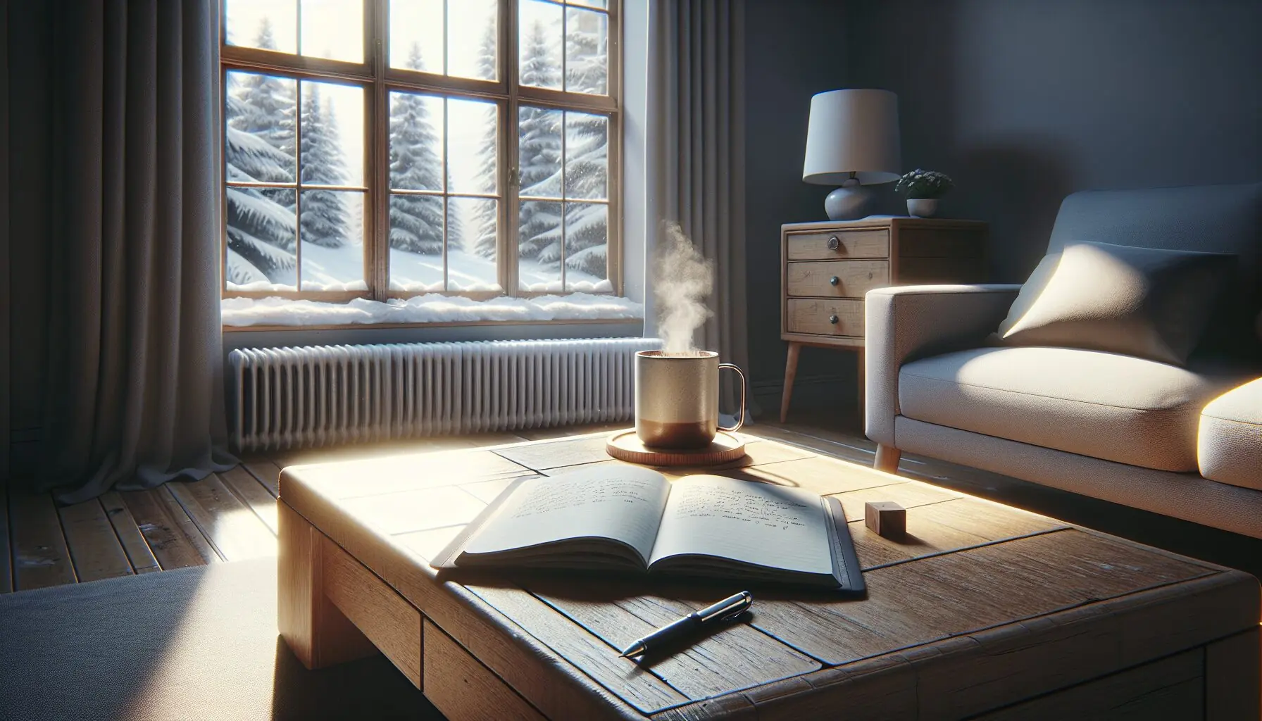 Generate an image of a cozy winter scene with a serene snowy background and a small table with a reflection journal.