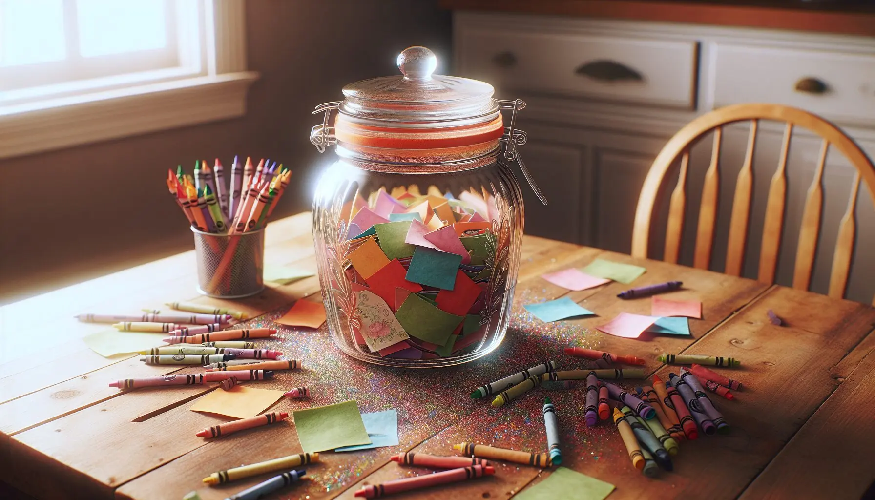 Generate an image of a decorative glass jar surrounded by colorful paper slips and crayons on a wooden table.
