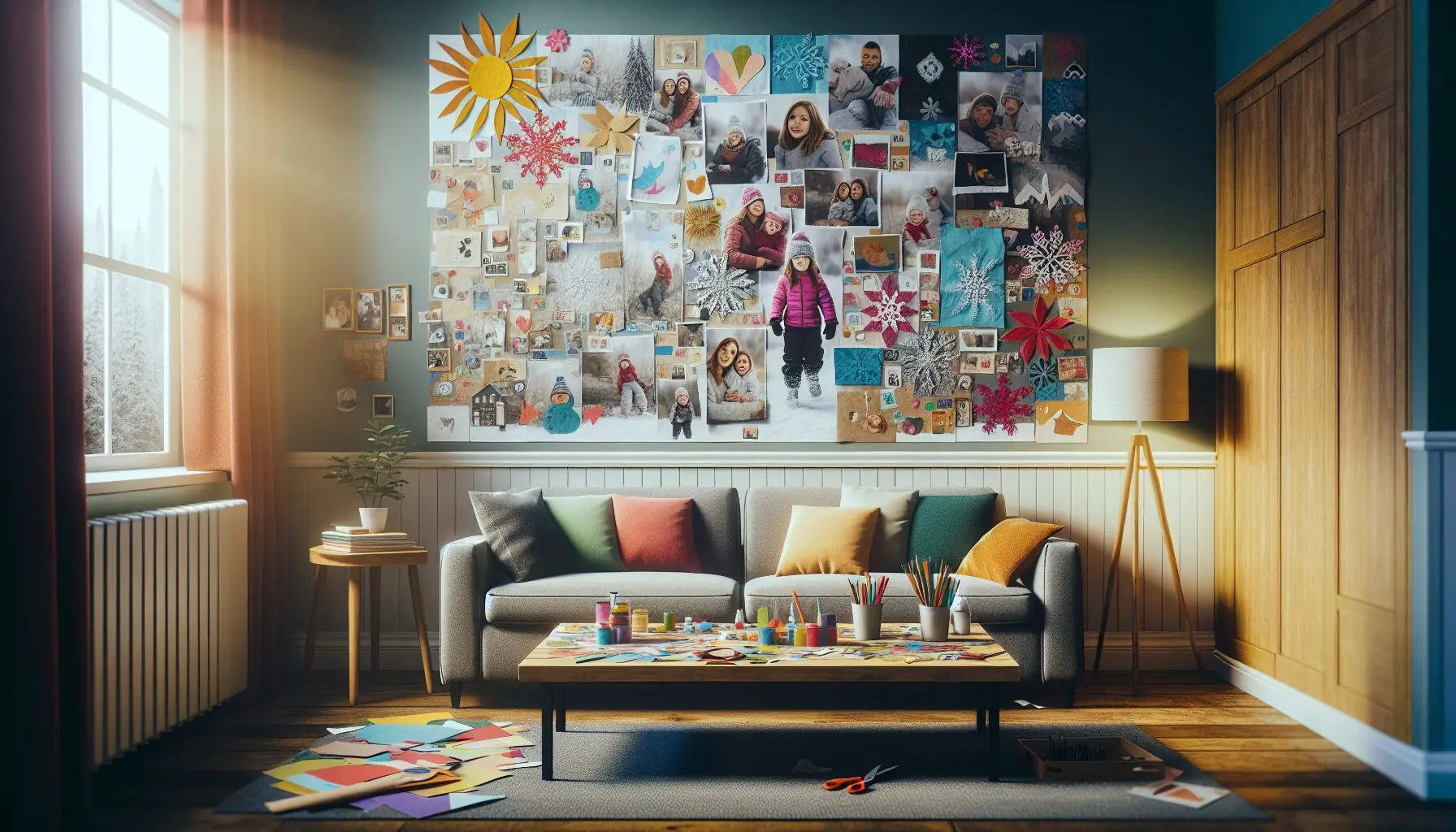 Generate an image showing a colorful collage on wall and a curious child observing it.