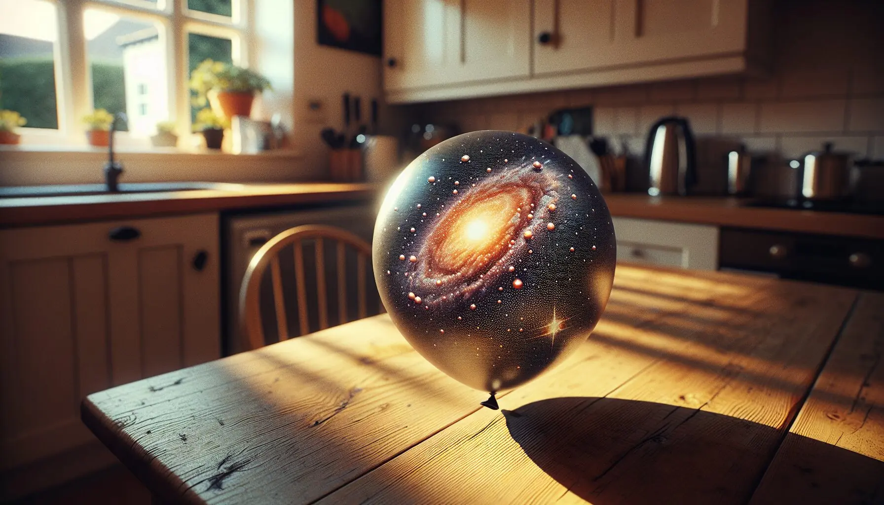 Generate an image of a small balloon with tiny dots drawn on its surface representing galaxies.