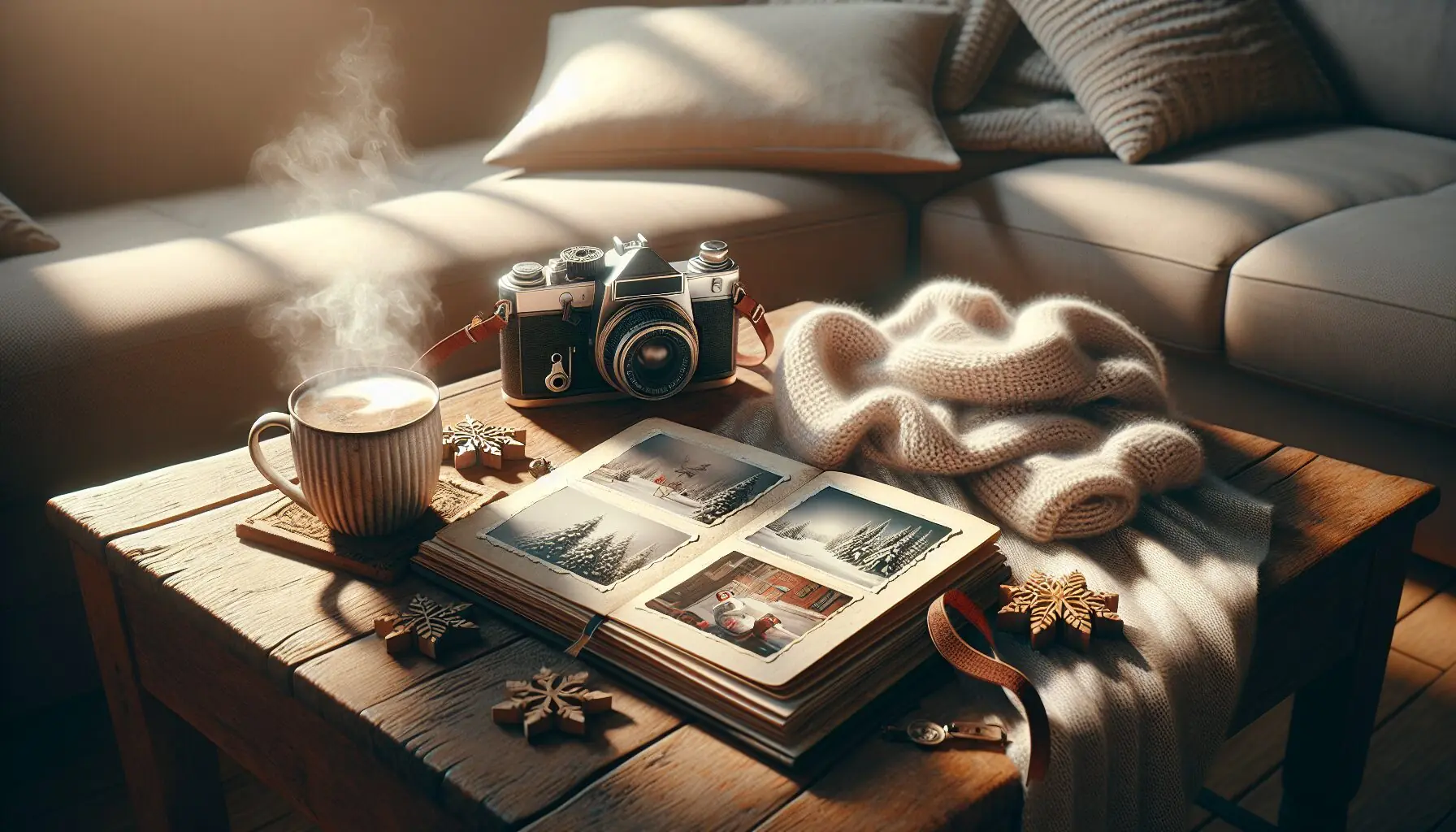 Generate an image of a cozy room with a scrapbook and a camera, symbolizing winter memories.