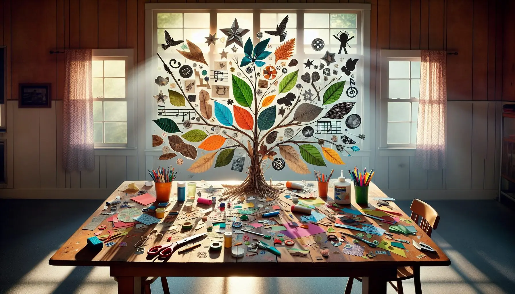 Generate an image of a vibrant collage showcasing elements of nature, fun, and whimsical symbols like stars and musical notes.