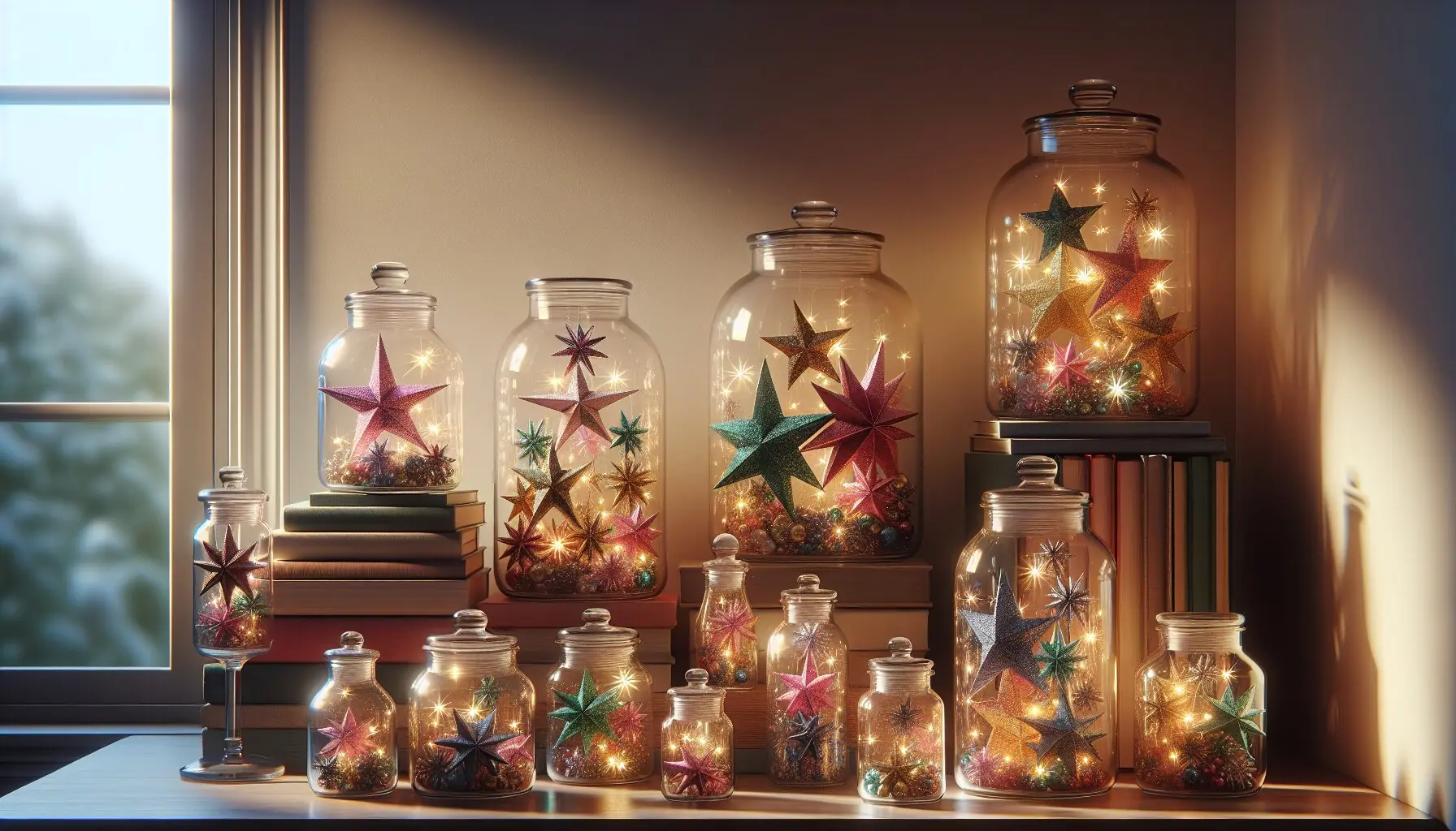 Generate an image of a collage of jars, each with sparkling papers inside, organized on a bookshelf with soft lighting.