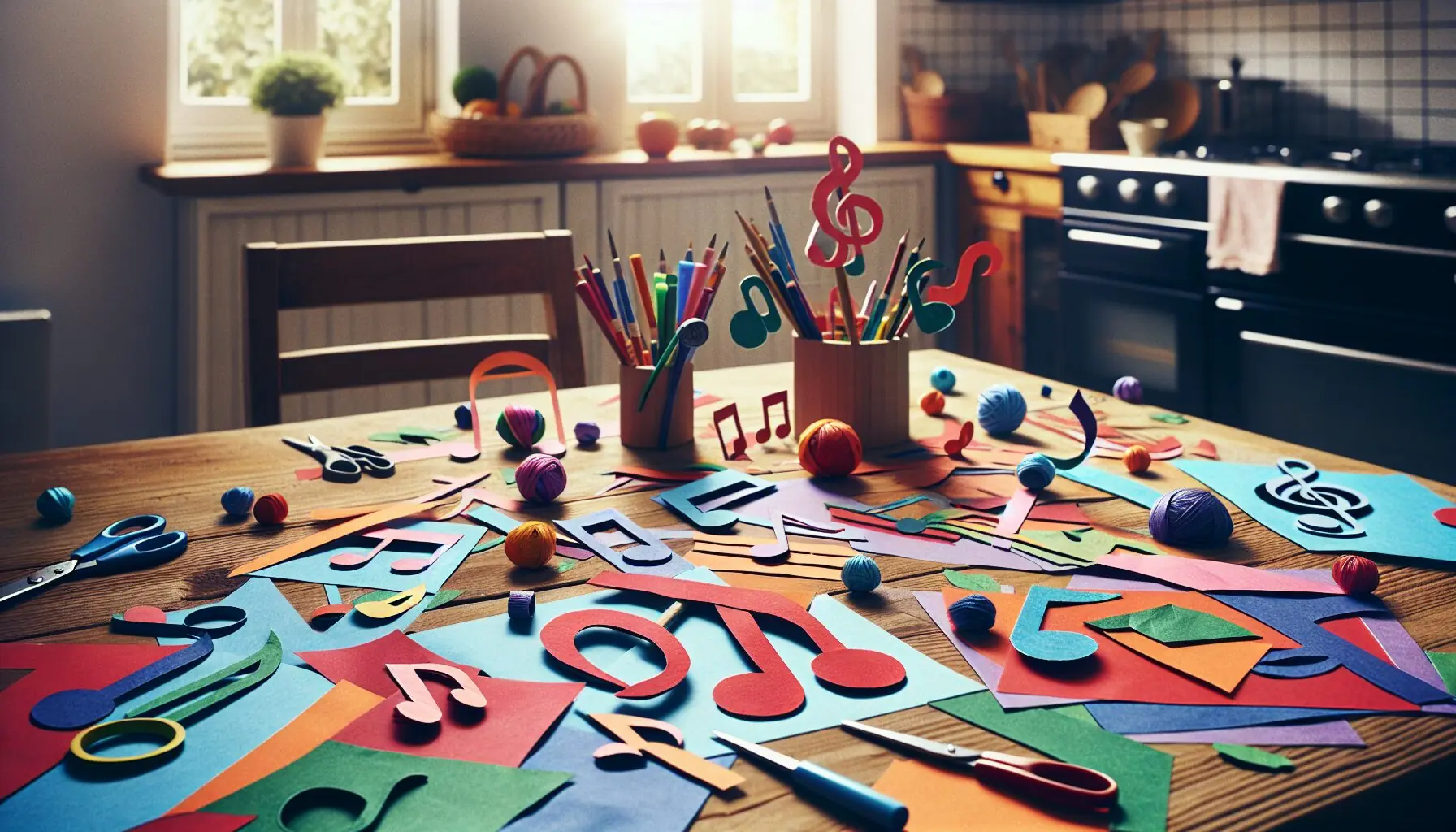 Create an illustration featuring colorful music notes and symbols intertwined with happy and expressive faces.