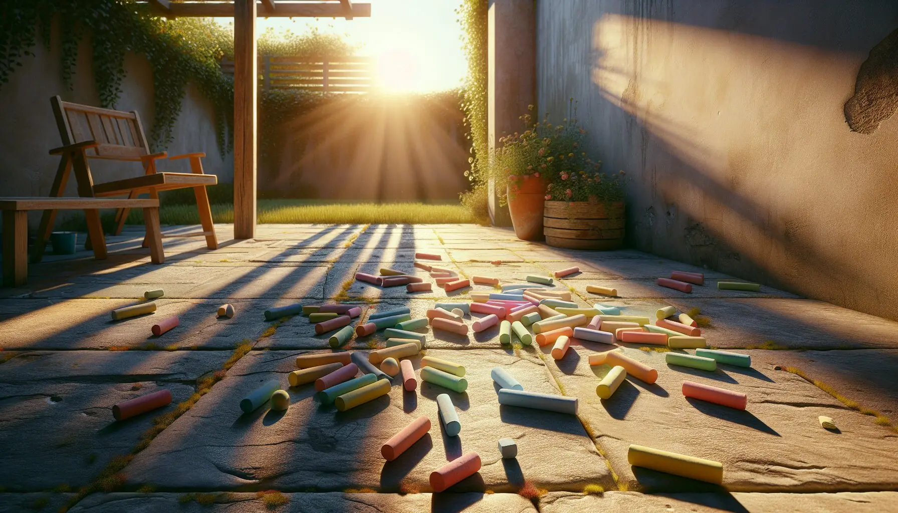 Generate an image of a chalk pack and a clear outdoor space with playful doodles.