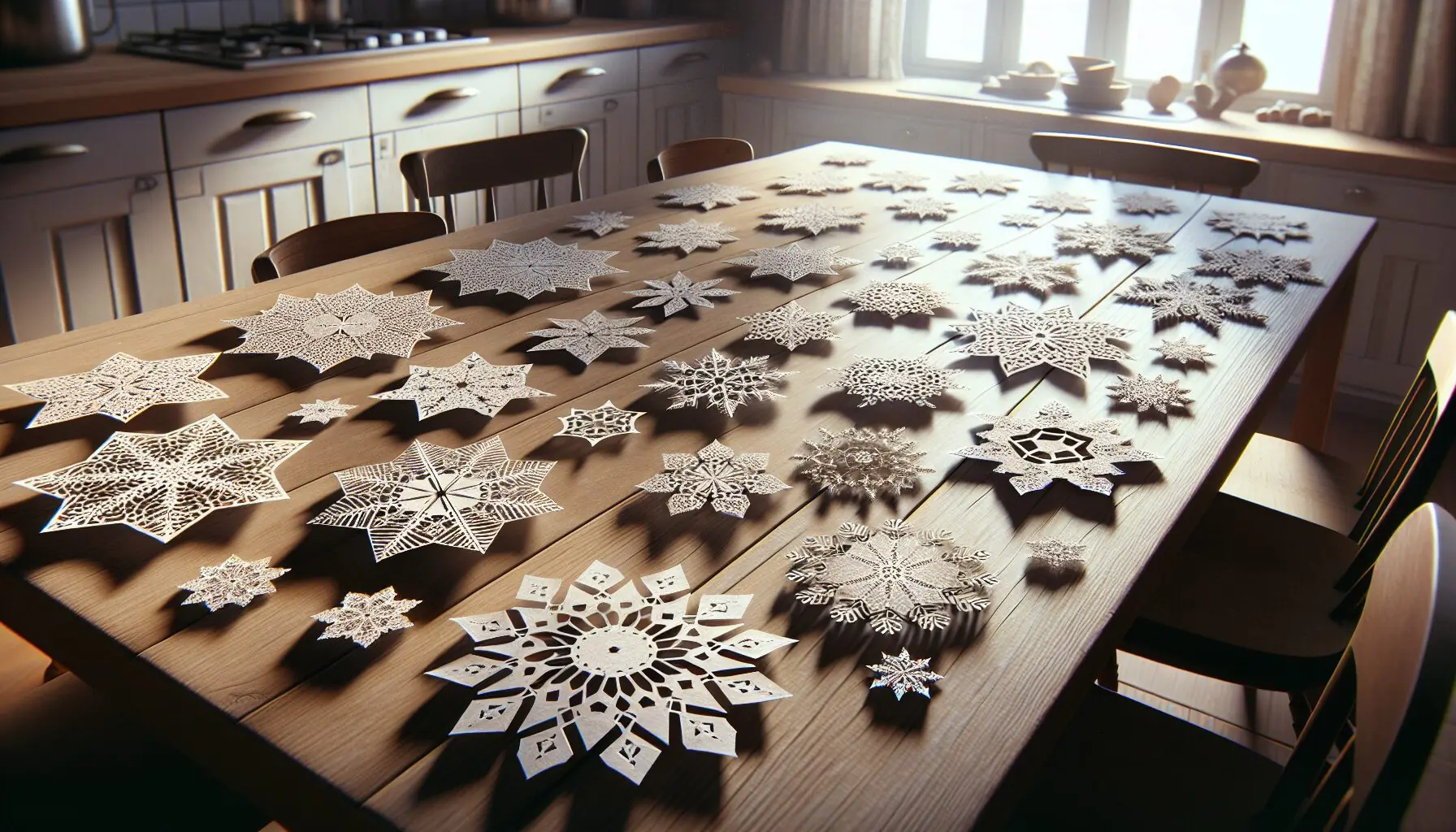 Generate an image of delicate snowflakes composed of various geometric shapes, floating against a light blue background.