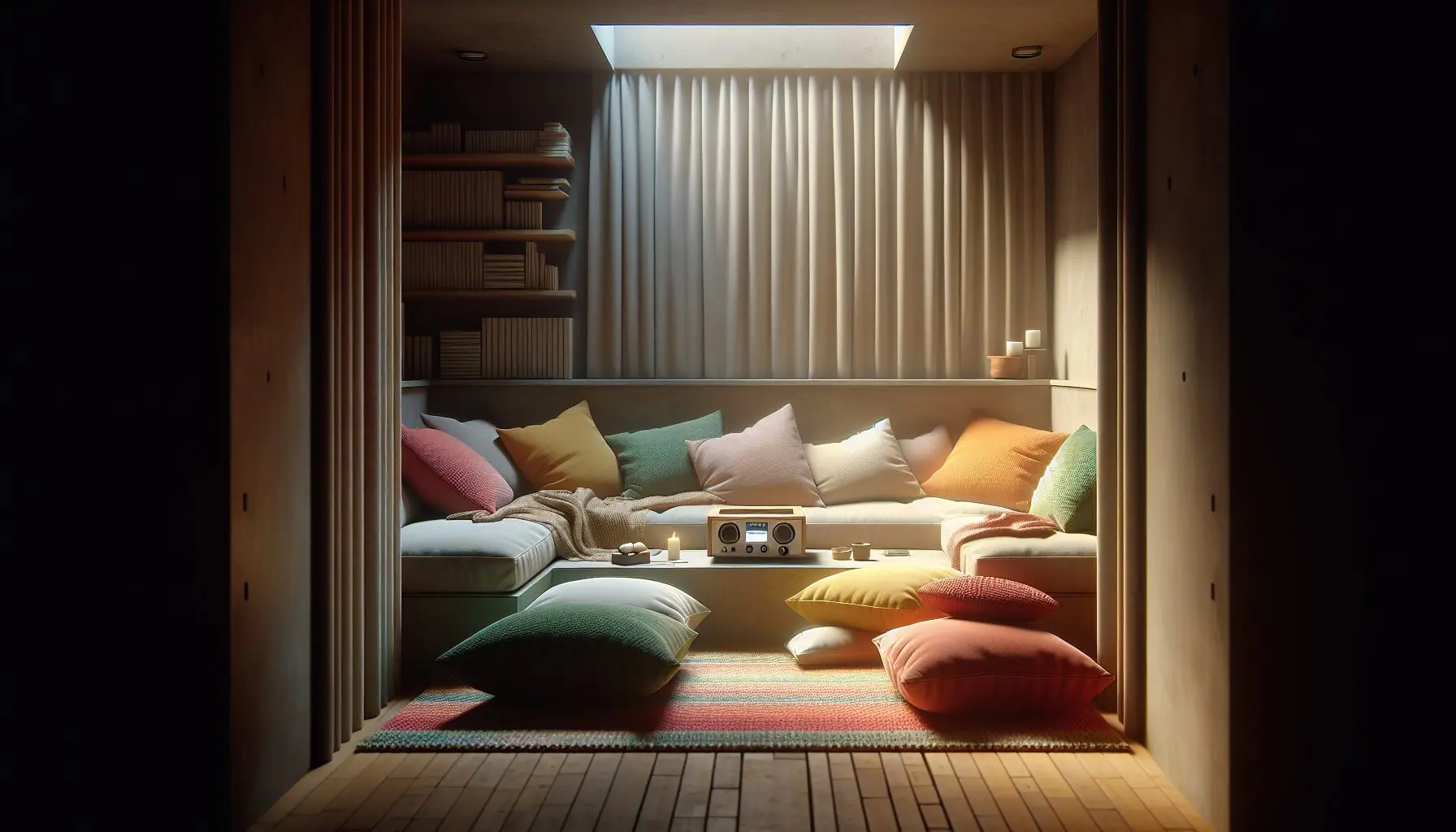 Generate an image of a cozy listening area with colorful pillows and a small stereo or music player.