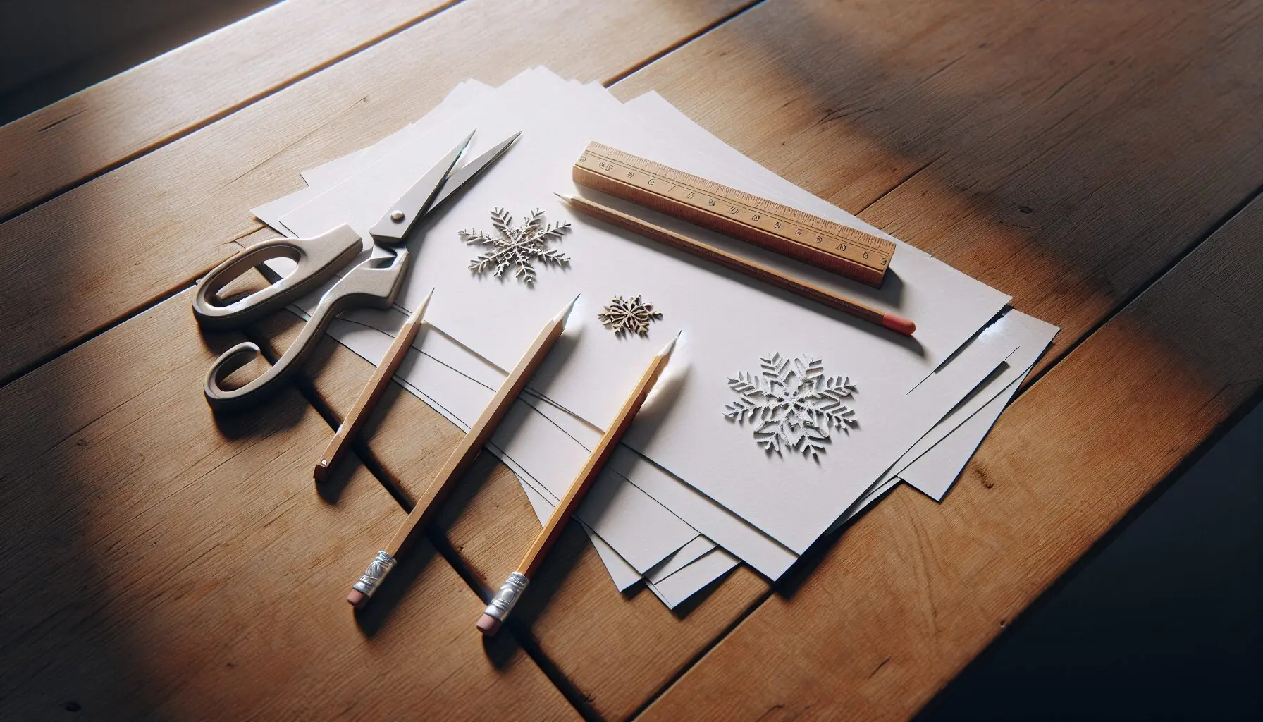 Generate an image of white paper, scissors, and a pencil arranged neatly on a table for snowflake crafting.
