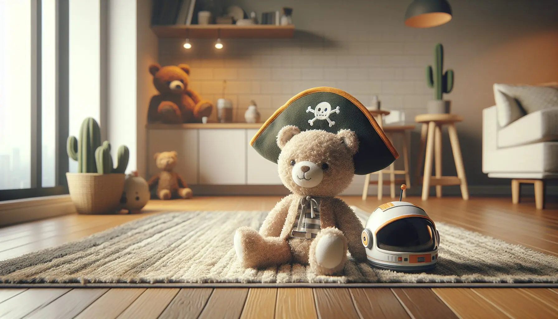 Generate an image of a couple of soft plush toys in a relaxed play area, perhaps with a small prop pirate hat and space helmet beside them.
