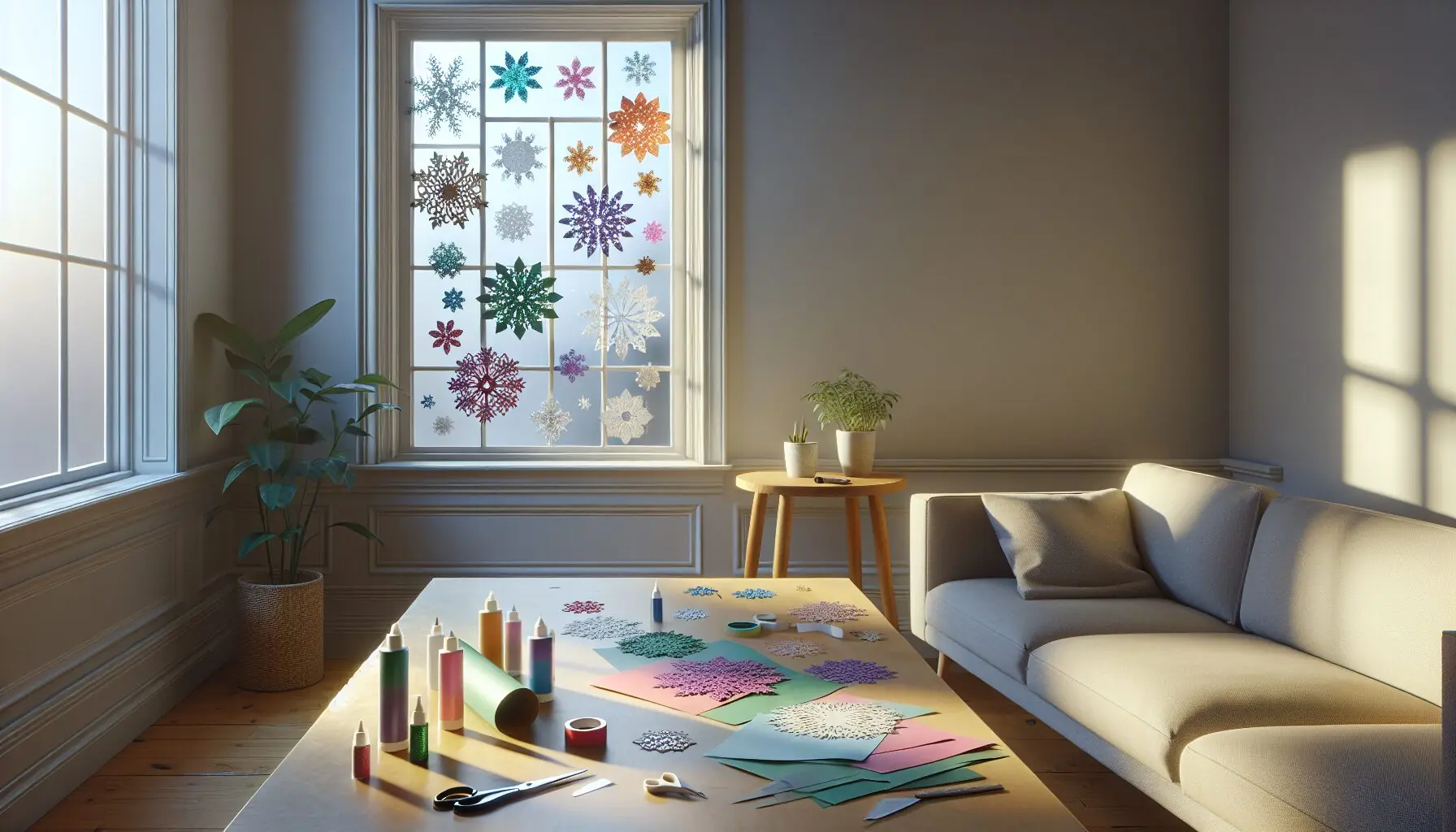 Generate an image of a window decorated with colorful, glittery paper snowflakes, bathed in warm light.