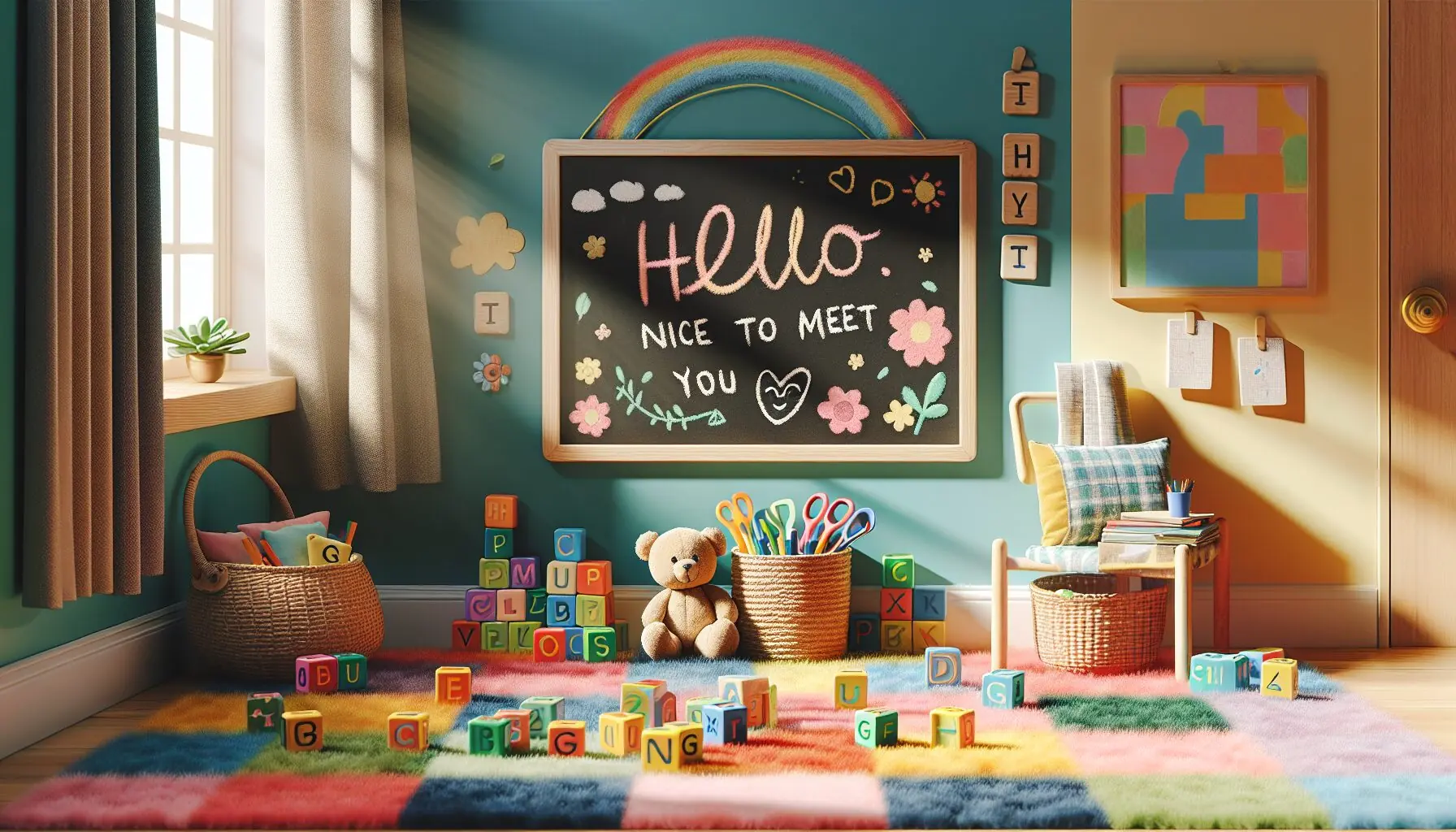 Generate an image of a cheerful, colorful playroom setting with toys scattered around, a chalkboard, and alphabet blocks.