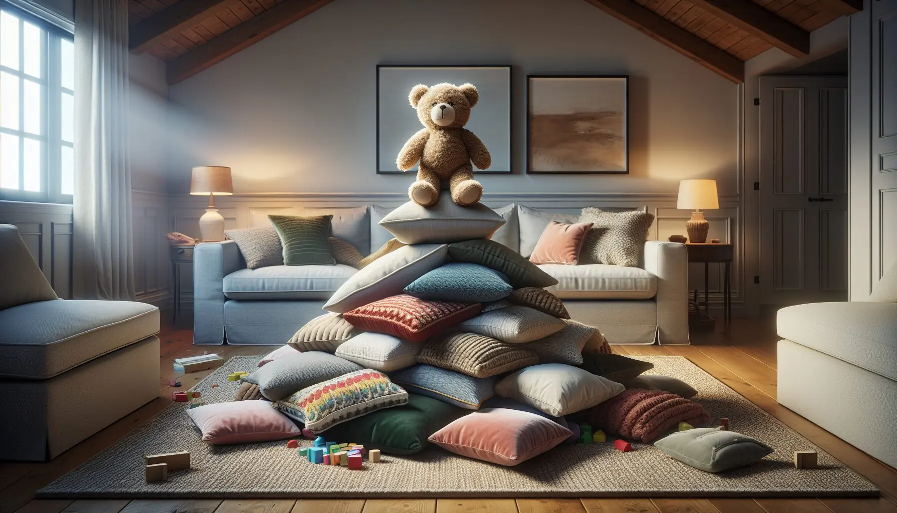 Generate an image of a heartwarming scene with a plush bear standing triumphantly on a toy mountain.