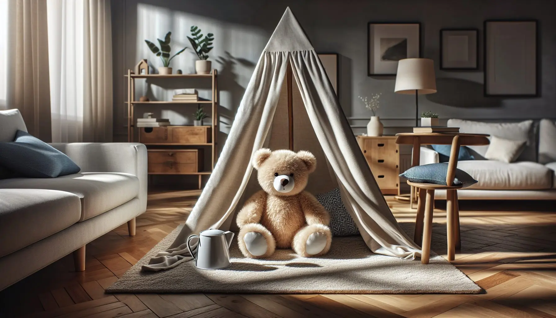 Generate an image of a plush toy bear looking brave in a small tent.