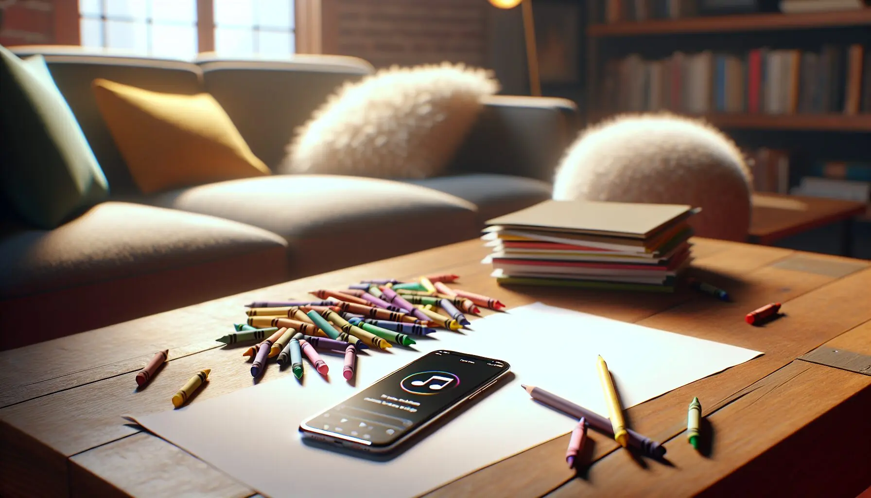 Generate an image of a simple setup with crayons and blank paper on a table, paired with a few music notes sketched around.