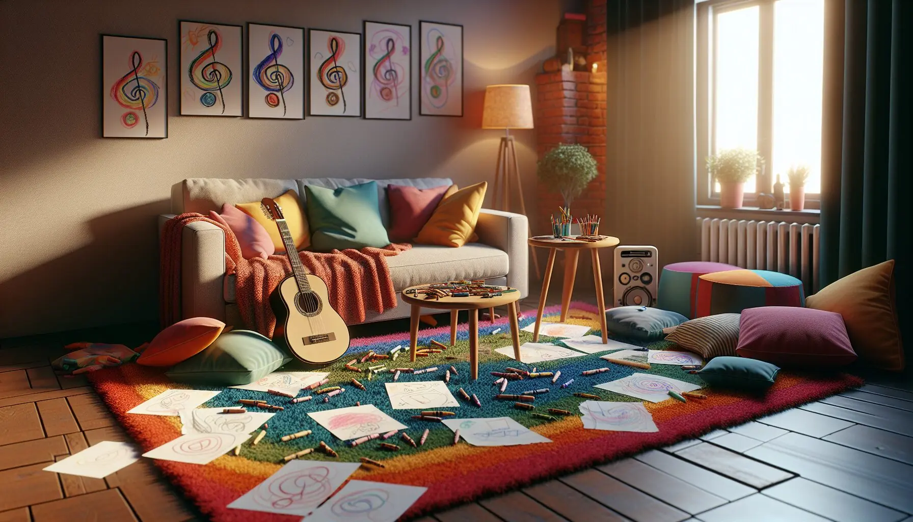 Generate an image of a listening and drawing space featuring dreamlike artwork and musical elements, like instruments and notes.