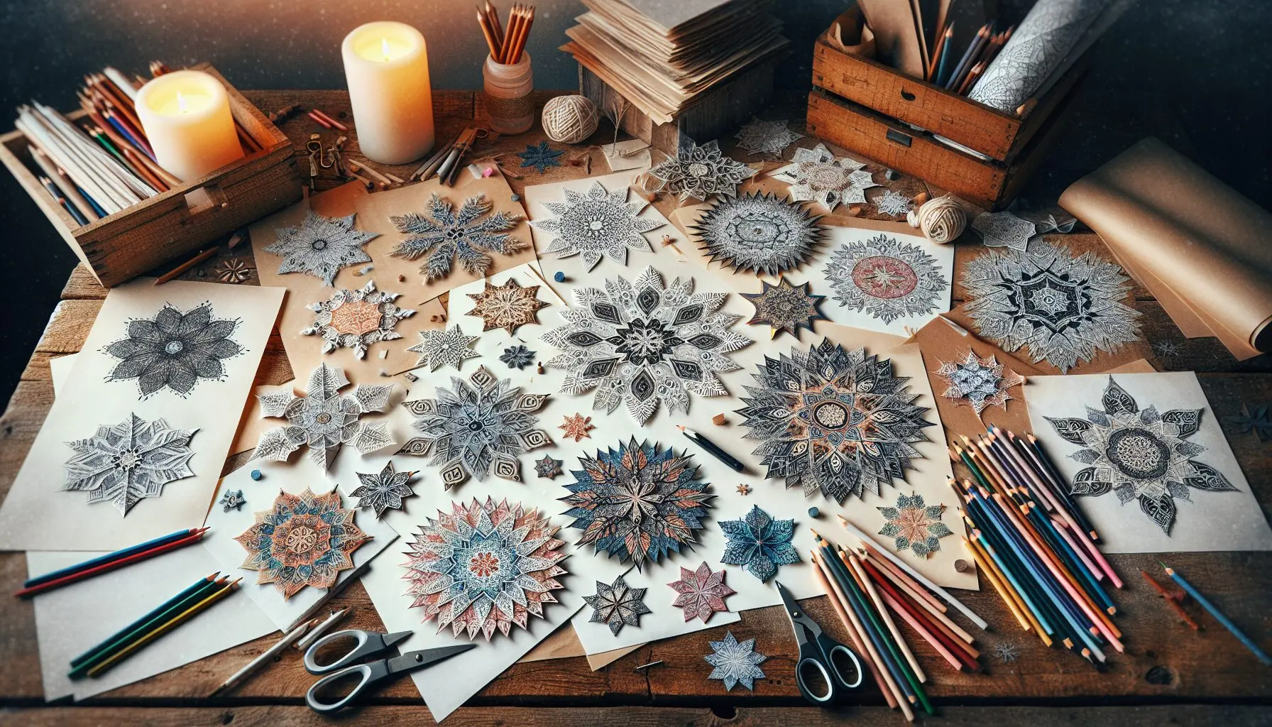 Generate an image of assorted paper snowflakes with intricate patterns, adorned with gentle colorful pencil touches.