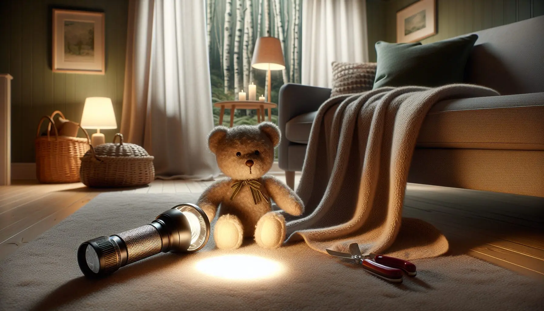 Generate an image of a cozy blanket fort with a plush bear and a flashlight casting a gentle glow.