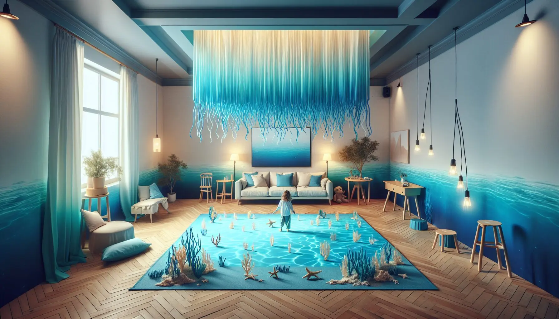 Generate an image of a vibrant living room with blue streamers hanging and a light-blue play mat.