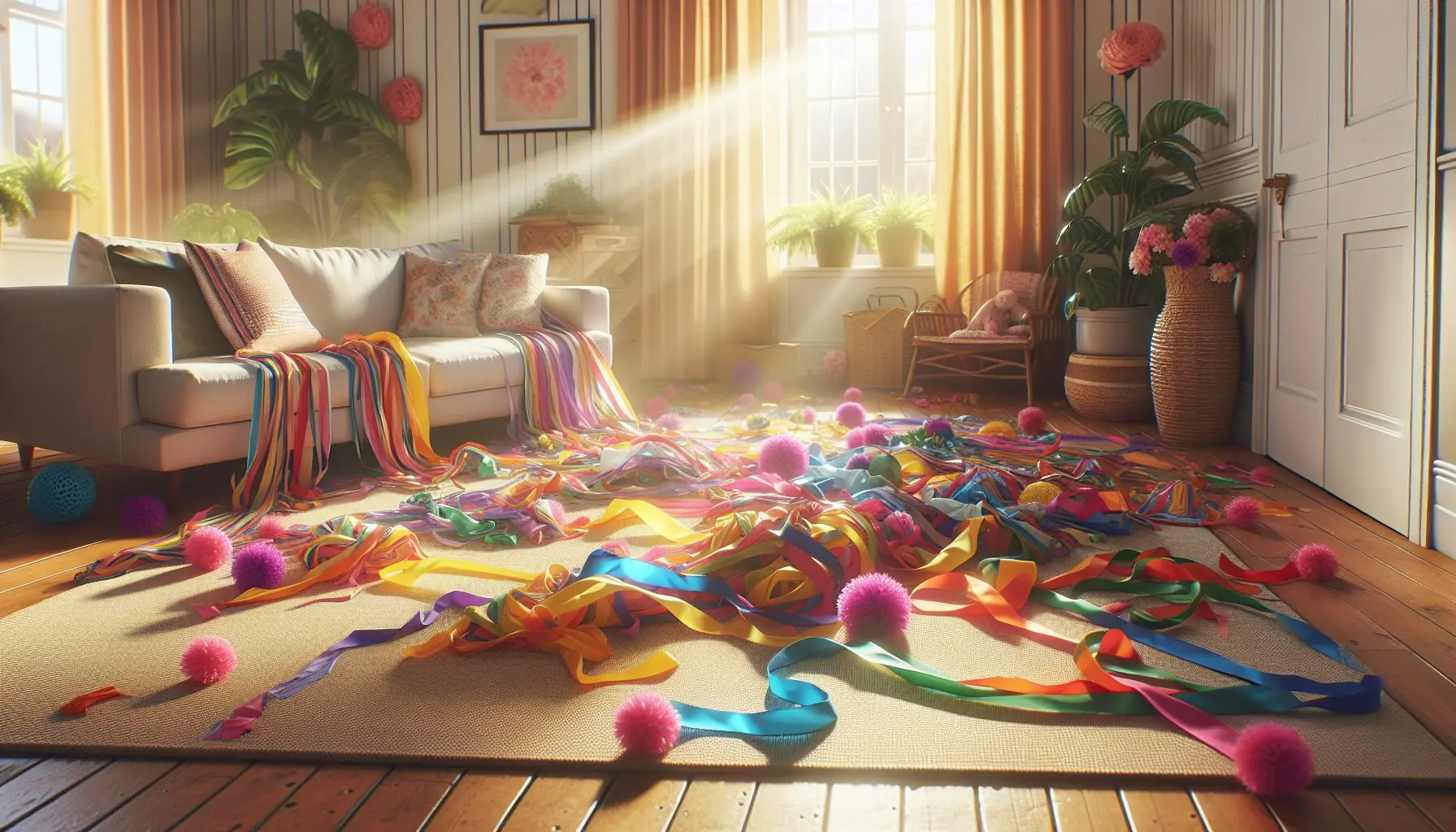 Produce a picture of a colorful mess from streamers and scarves at the end of the dance session.