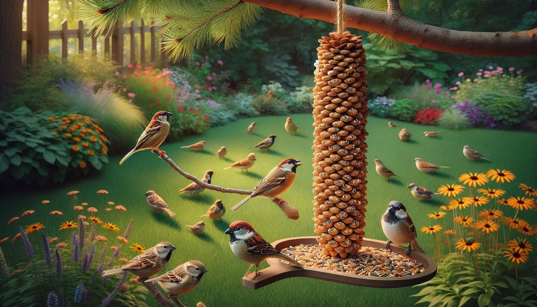 Illustrate a lively garden scene with various birds drawn to a homemade feeder, against the backdrop of greenery.